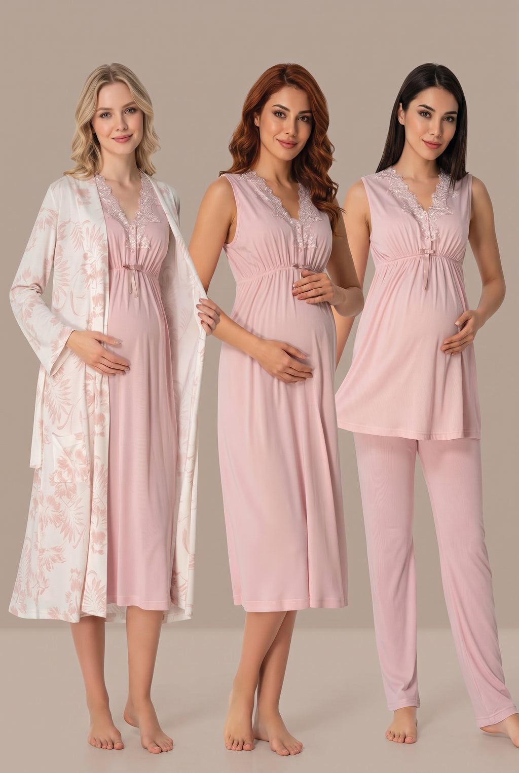 Şık Tasarım Desenli Dantel Detaylı Ayarlanabilir Bel Özellikli Lohusa Hamile Sabahlık Gecelik Pijama Seti 08036