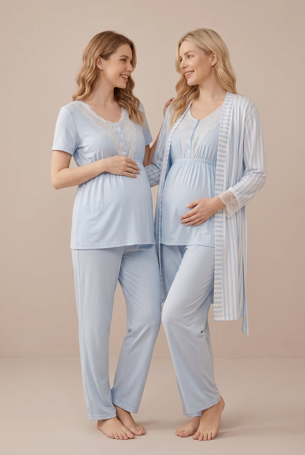 Şık Tasarım Desenli Dantel Detaylı Ayarlanabilir Bel Özellikli Lohusa Hamile Sabahlıklı Pijama Seti 02054
