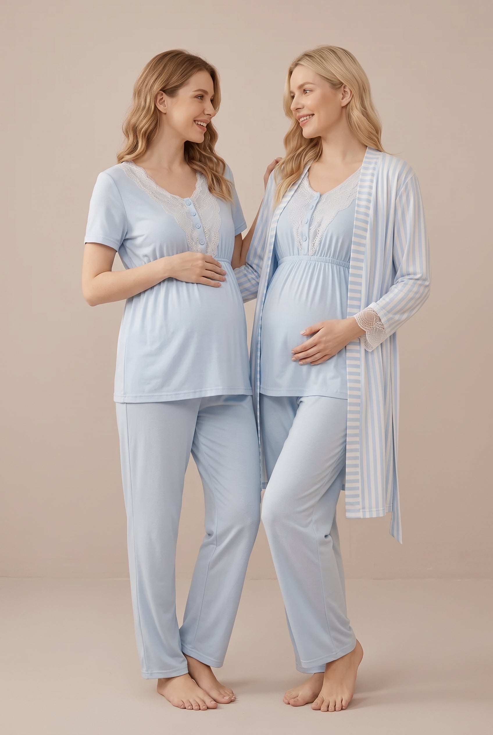 Şık Tasarım Desenli Dantel Detaylı Ayarlanabilir Bel Özellikli Lohusa Hamile Sabahlıklı Pijama Seti 02054