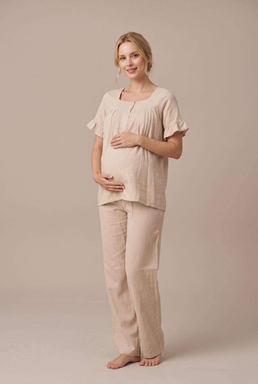 Şık Tasarım Müslin Kumaş Emzirme Kolaylıgı Saglayan  Ayarlanabilir Bel Özellikli Pamuk Lohusa Hamile Sabahlıklı Pijama Takımı 03084