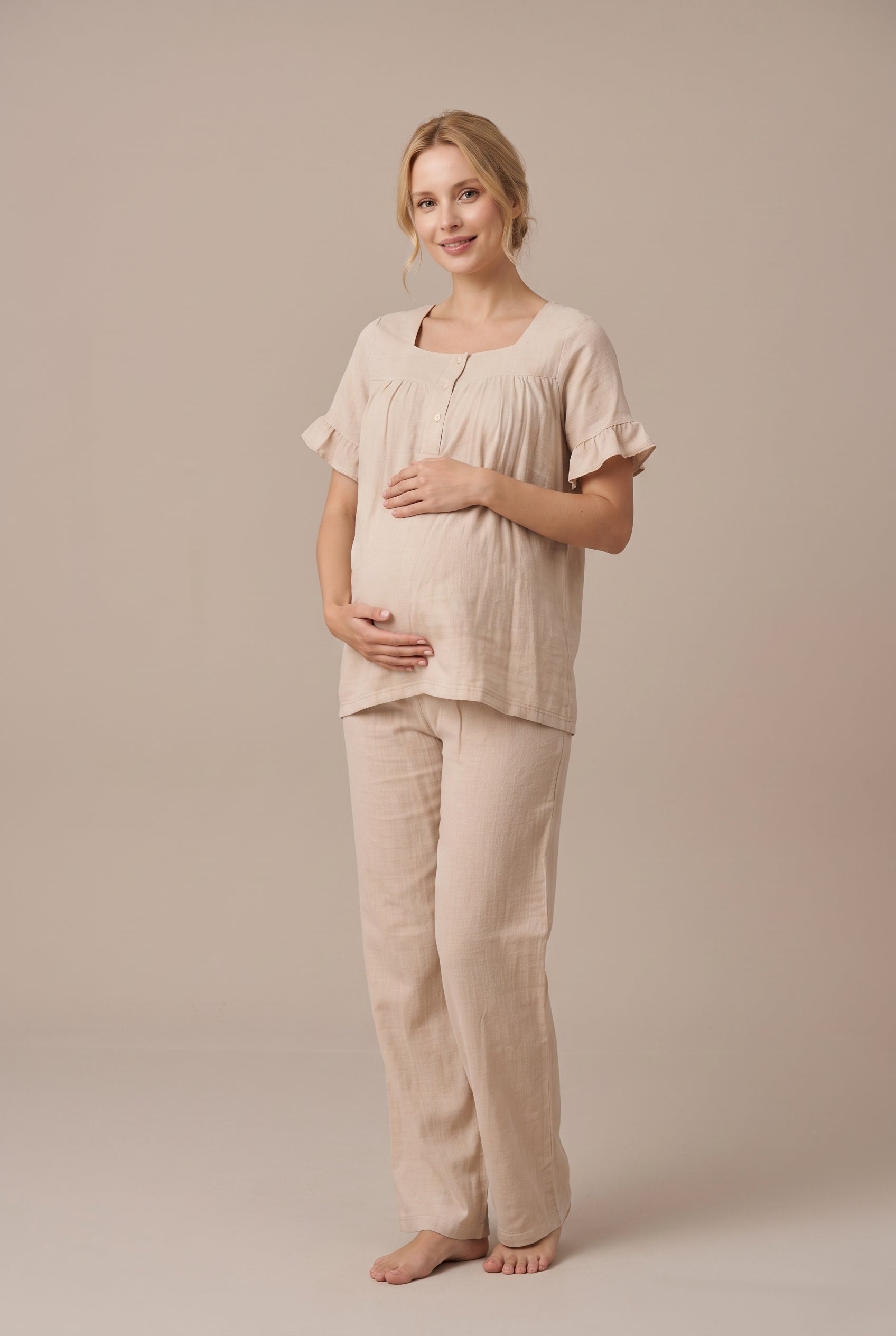 Şık Tasarım Müslin Kumaş Emzirme Kolaylıgı Saglayan  Ayarlanabilir Bel Özellikli Pamuk Lohusa Hamile Sabahlıklı Pijama Takımı 03084