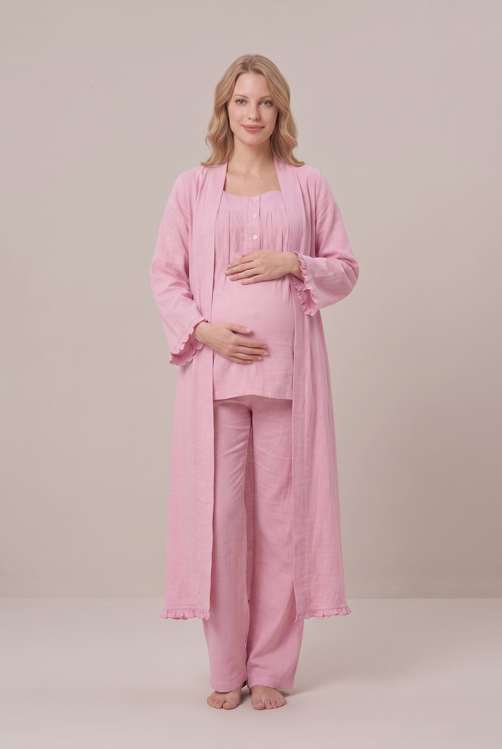 Şık Tasarım Müslin Kumaş Emzirme Kolaylıgı Saglayan  Ayarlanabilir Bel Özellikli Pamuk Lohusa Hamile Sabahlıklı Pijama Takımı 03084