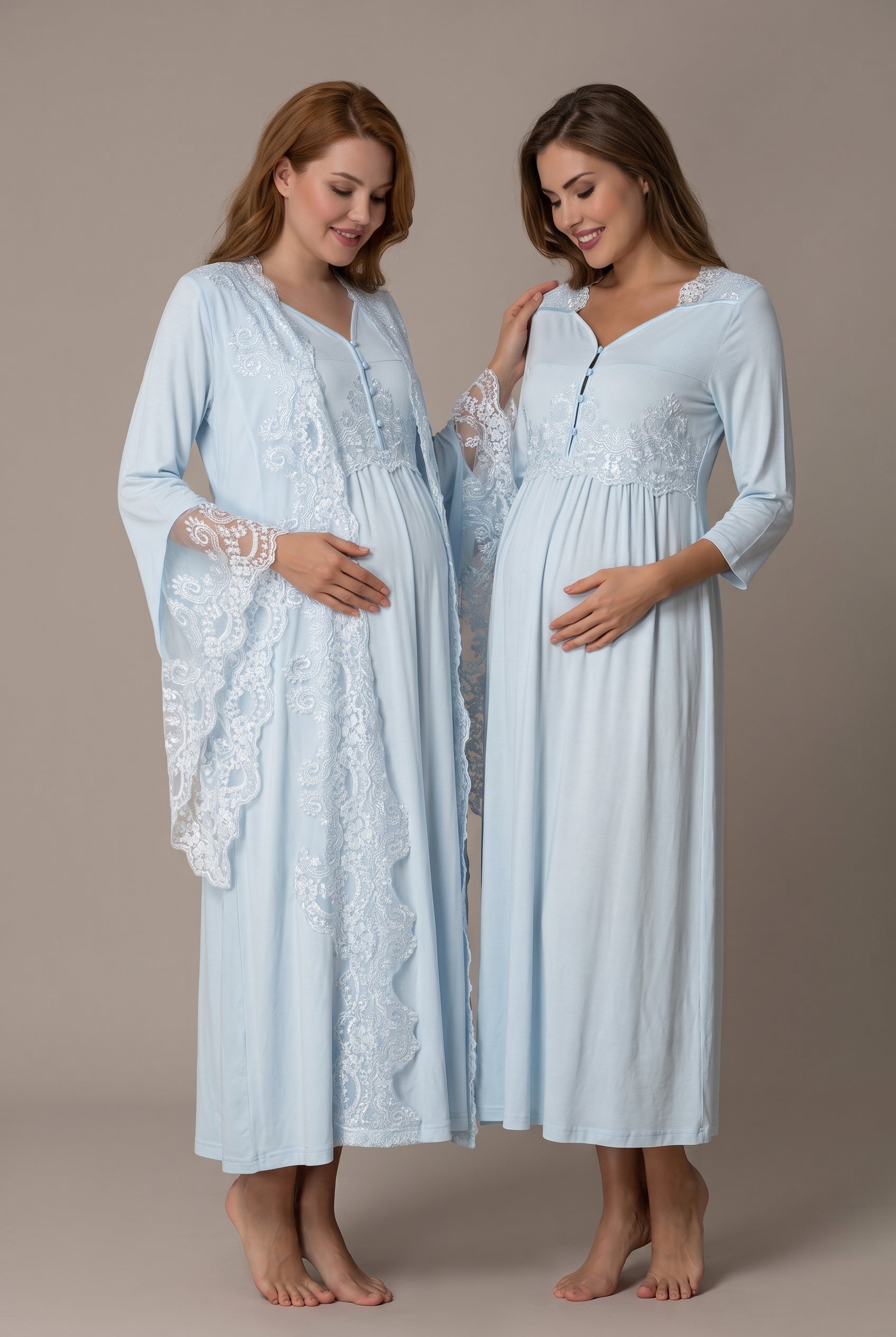 Şık Tasarım Baby Shower Prenses Kol Tasarımlı Pamuklu Lohusa Hamile Sabahlıklı Gecelik Seti 03010