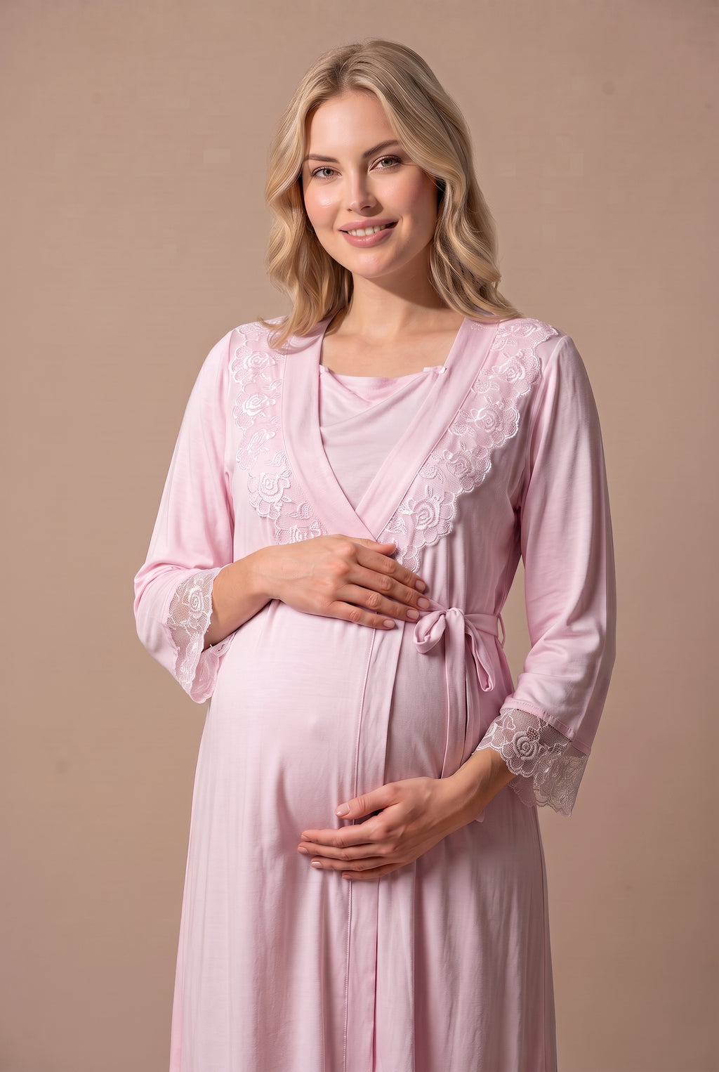 Şık Tasarım Dantelli Ayarlanabilir Bel Özellikli Pamuklu Lohusa Hamile Sabahlıklı Pijama Takımı 02054