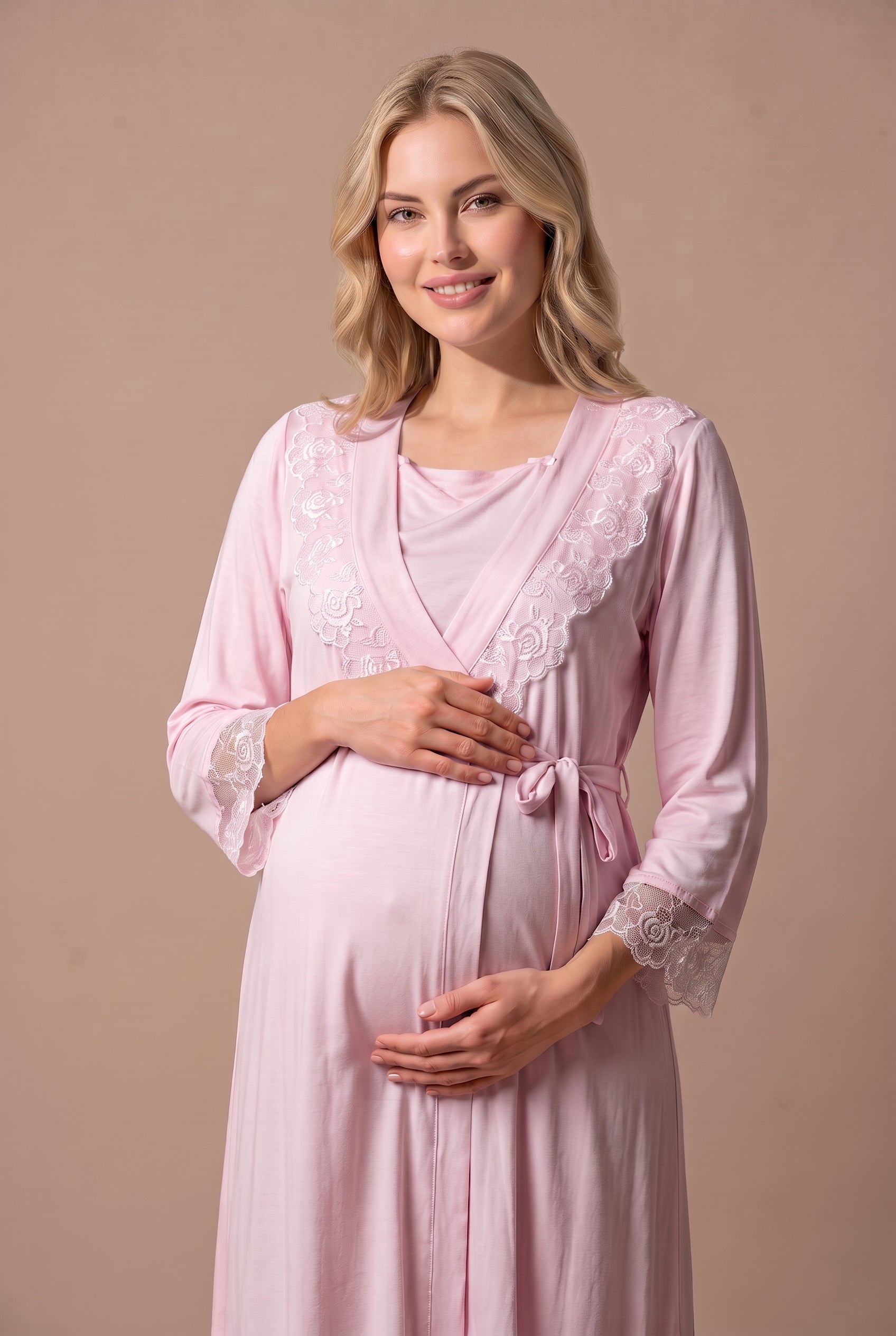 Şık Tasarım Dantelli Ayarlanabilir Bel Özellikli Pamuklu Lohusa Hamile Sabahlıklı Pijama Takımı 02054