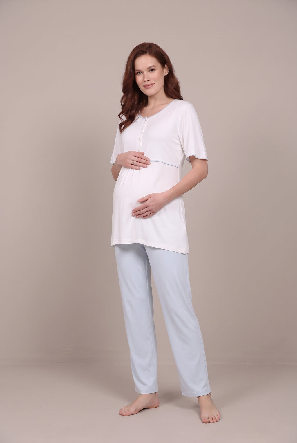 Şık Tasarım Şal Yaka Ayarlanabilir Bel Özellikli Pamuklu Lohusa Hamile Sabahlıklı Pijama Seti 0710
