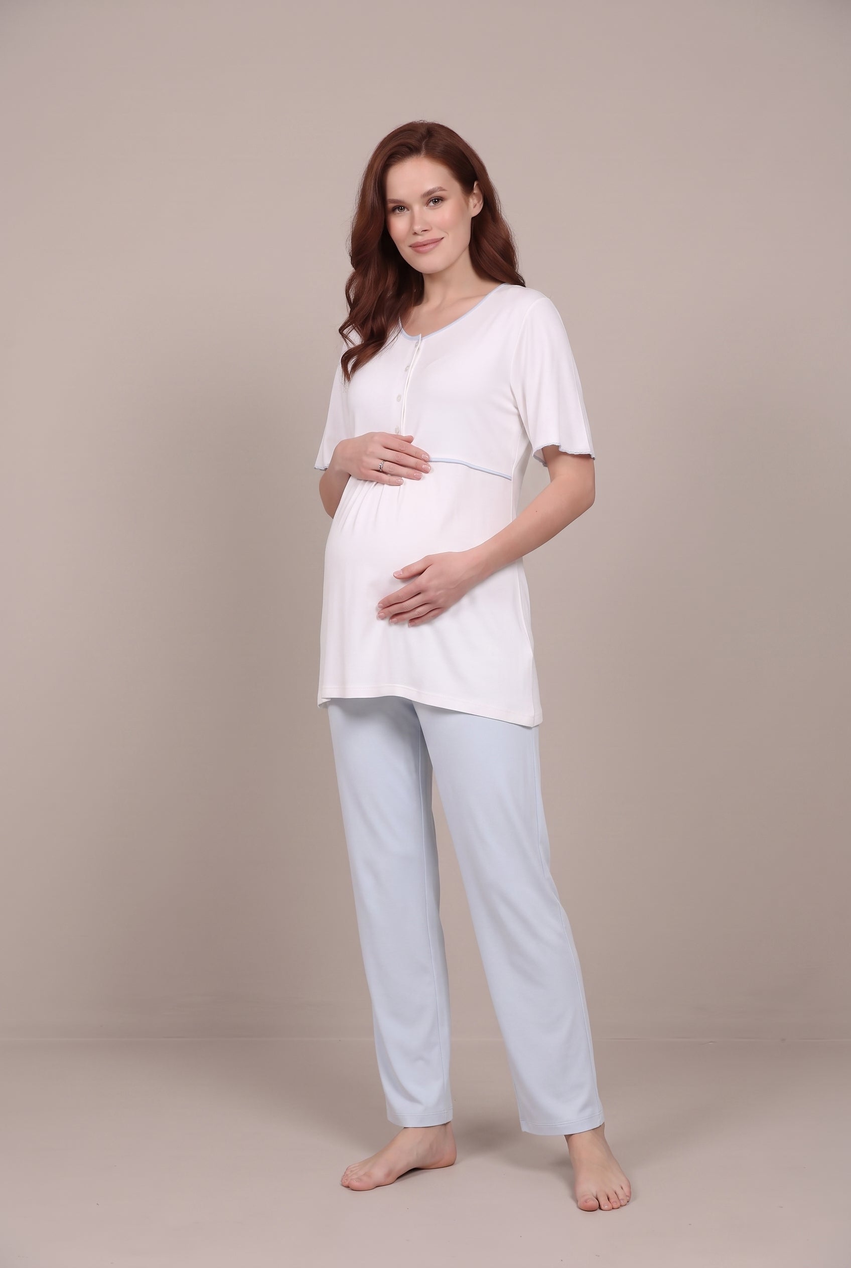 Şık Tasarım Şal Yaka Ayarlanabilir Bel Özellikli Pamuklu Lohusa Hamile Sabahlıklı Pijama Seti 0710