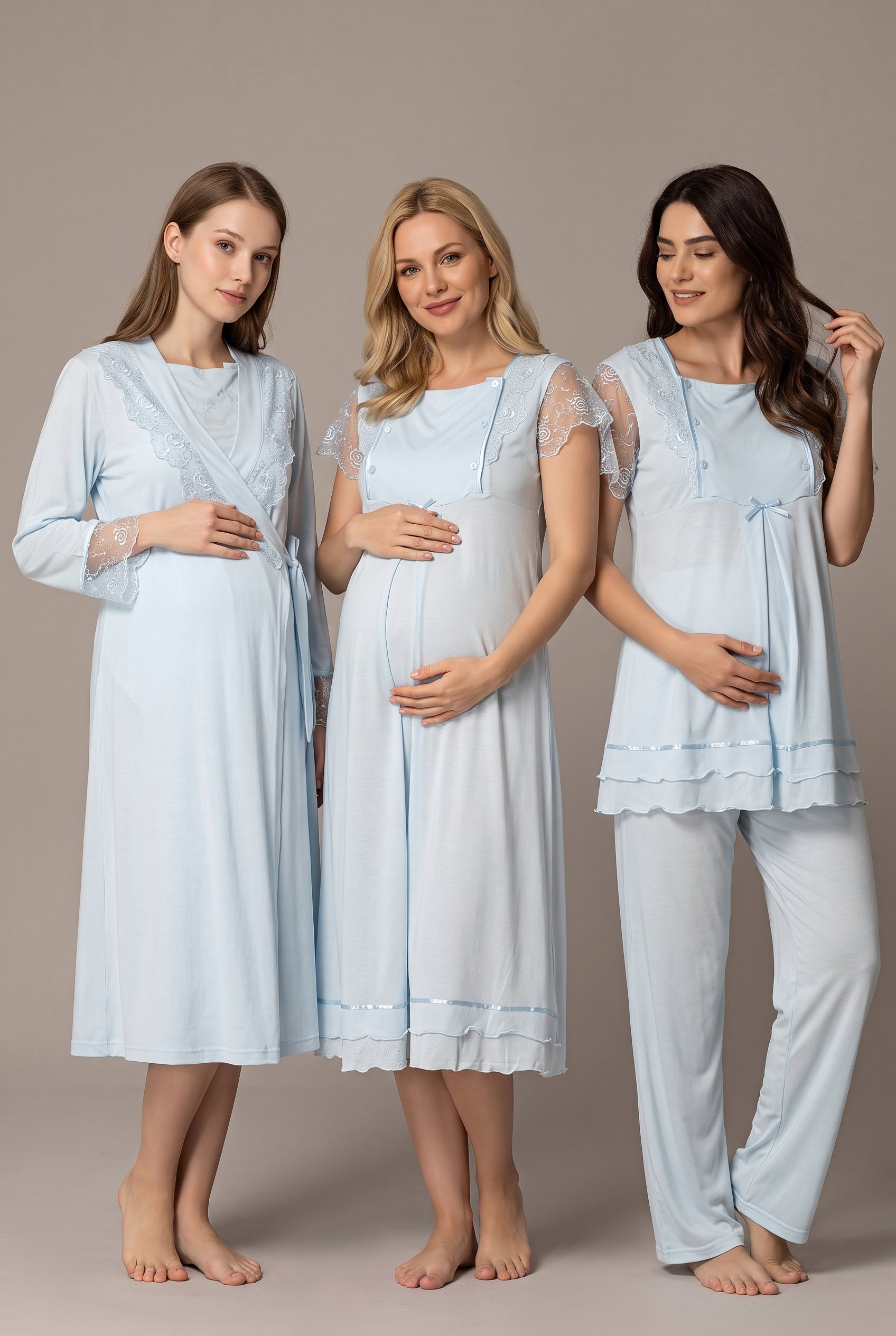 Şık Tasarım Dantelli Ayarlanabilir Bel Özellikli Pamuklu Lohusa Hamile Sabahlık Pijama Gecelik 4'Lü Set 02050