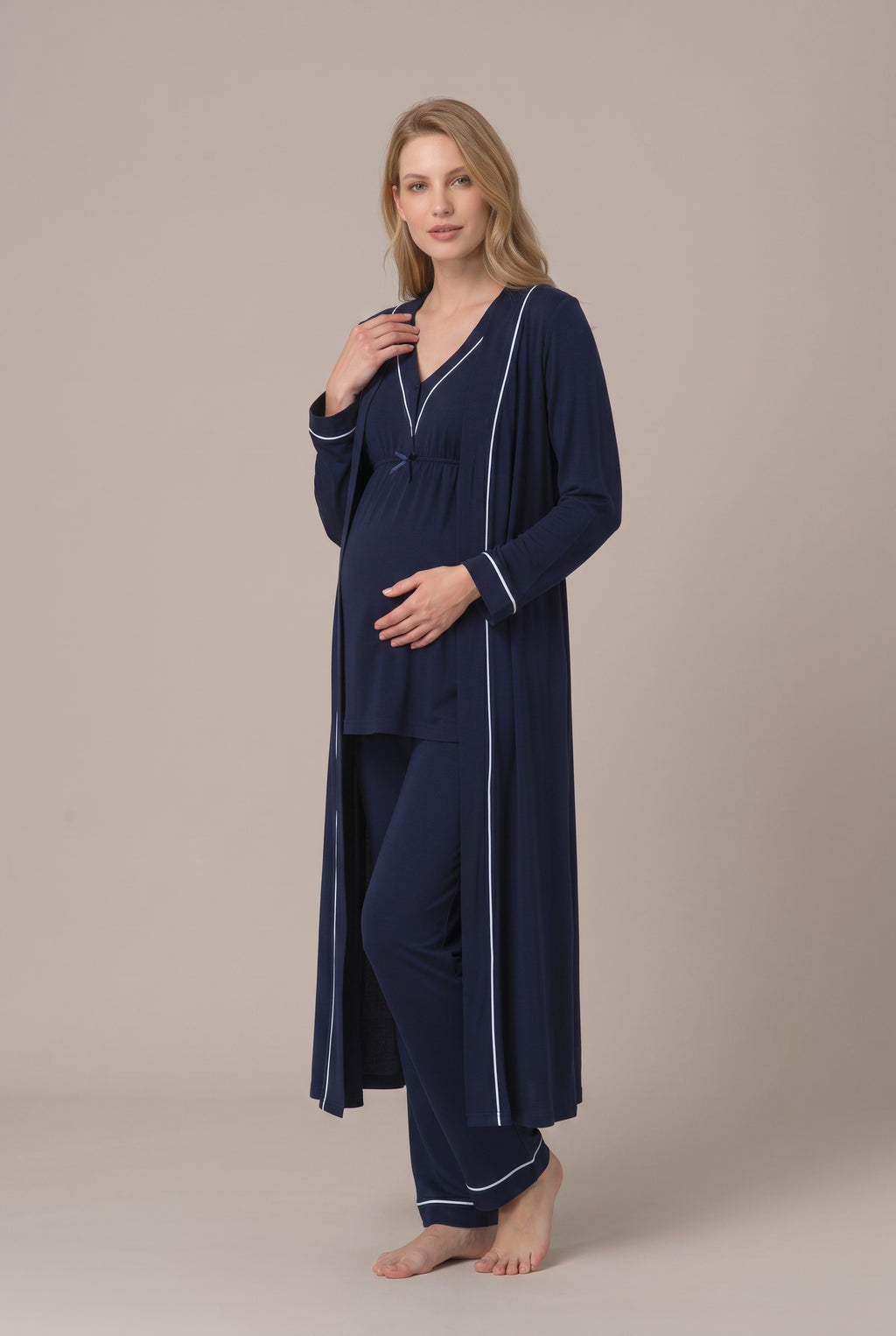 Şık Tasarım Uzun Sabahlıklı Emzirme Kolaylıgı Saglayan Ayarlanabilir Bel Özellikli Pamuklu Sabahlıklı Pijama Takımı 04054