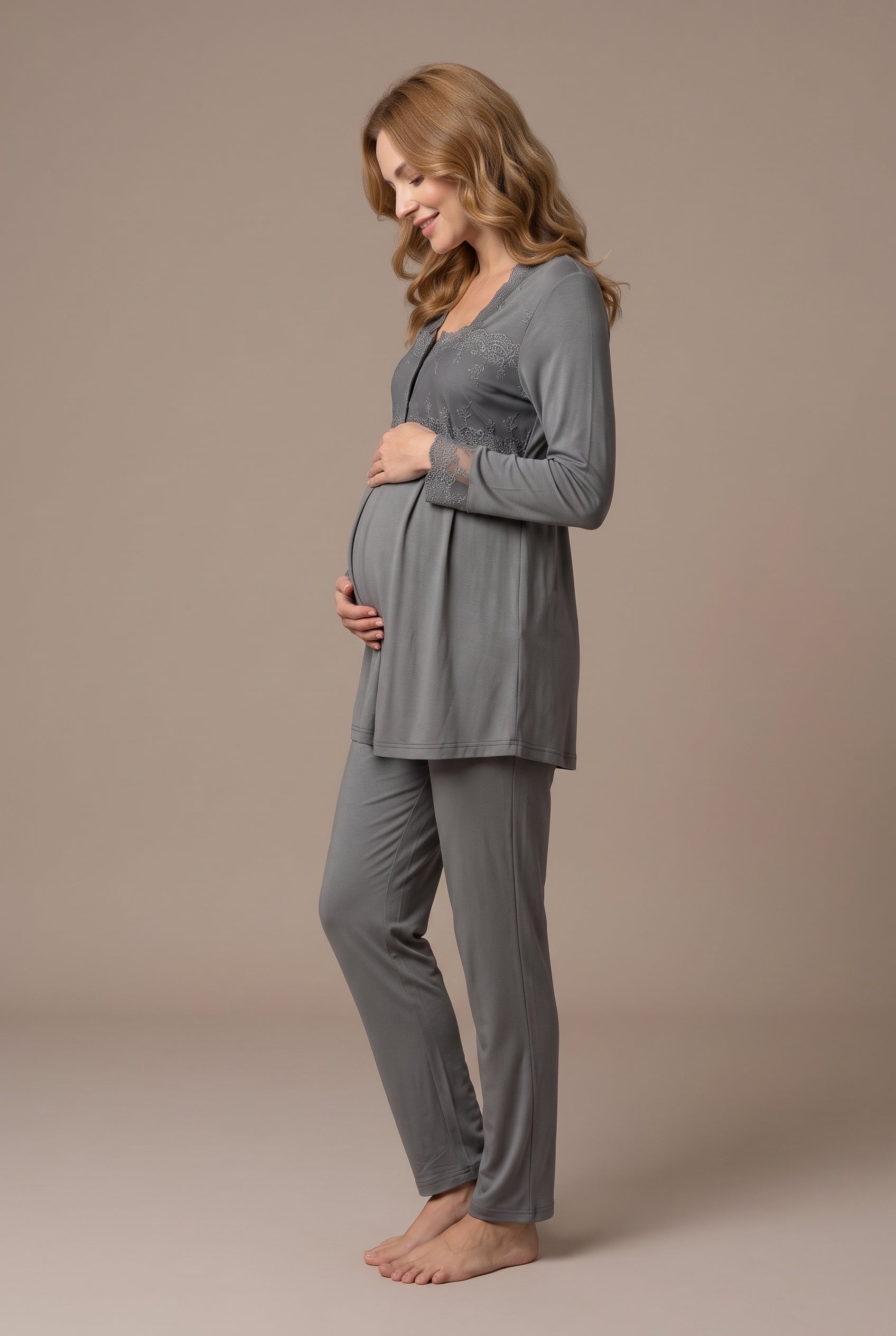 Şık Tasarım Dantel Detaylı Emzirme Kolaylıgı Saglayan Ayarlanabilir Bel Özellikli Pamuklu Pijama Takımı 02403