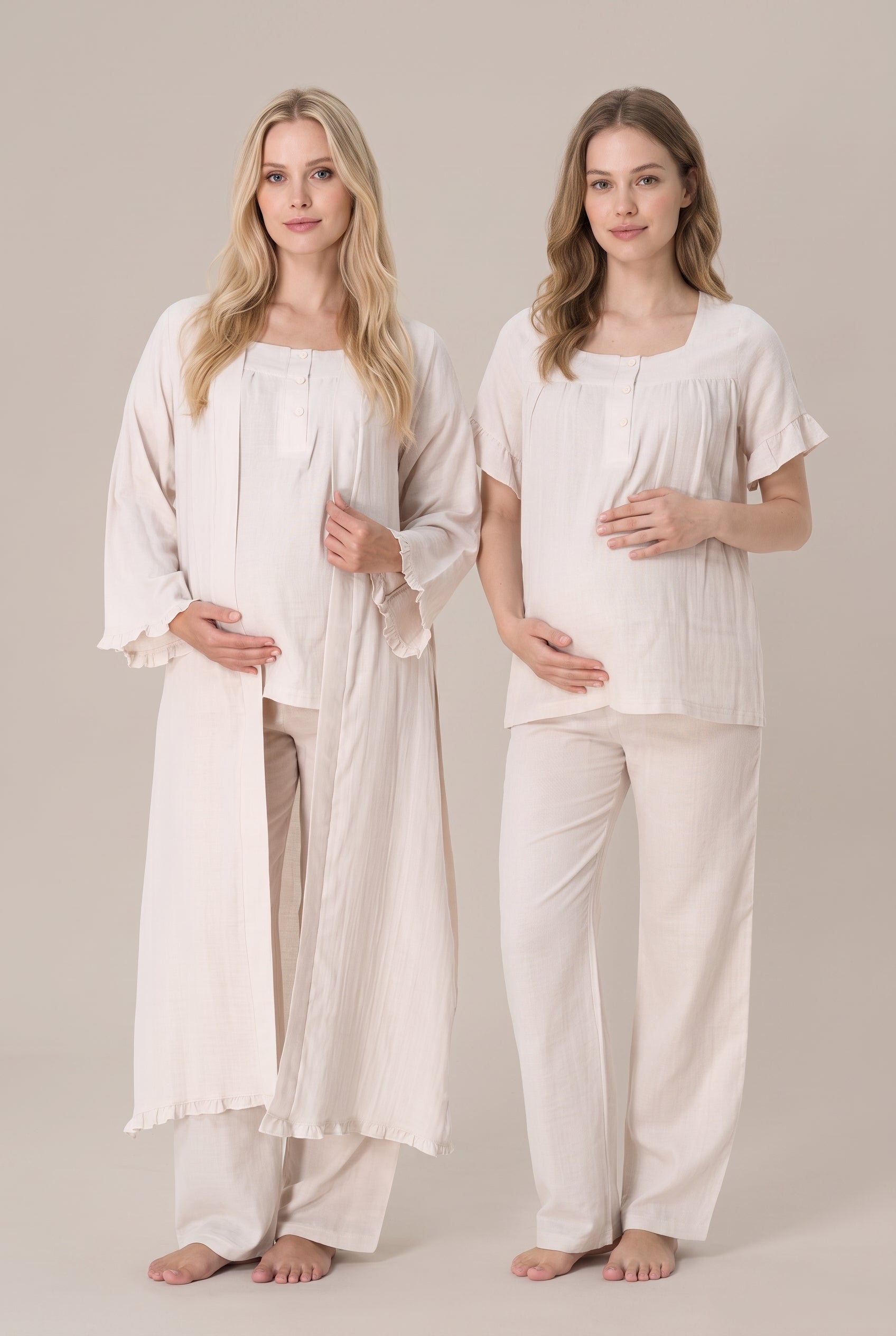 Şık Tasarım Müslin Kumaş Emzirme Kolaylıgı Saglayan  Ayarlanabilir Bel Özellikli Pamuk Lohusa Hamile Sabahlıklı Pijama Takımı 03084