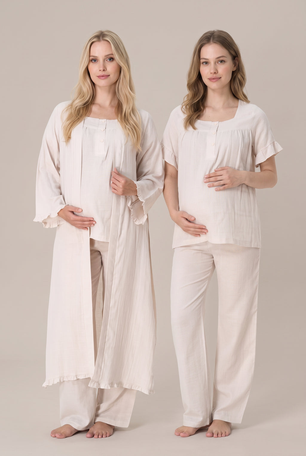 Şık Tasarım Müslin Kumaş Emzirme Kolaylıgı Saglayan  Ayarlanabilir Bel Özellikli Pamuk Lohusa Hamile Sabahlıklı Pijama Takımı 03084