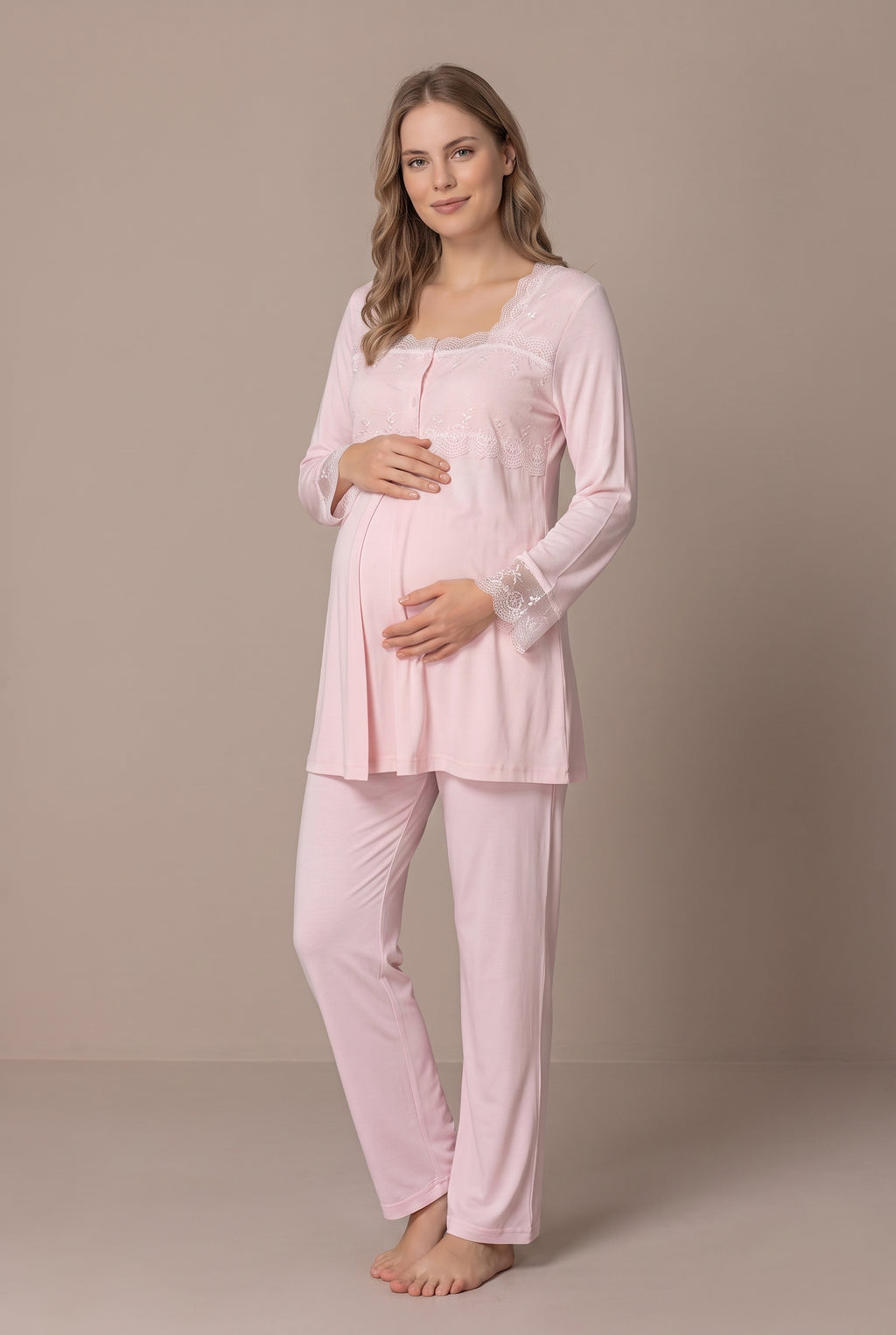 Şık Tasarım Dantel Detaylı Ayarlanabilir Bel Özellikli Pamuklu Lohusa Hamile Sabahlıklı Pijama Takımı 02401