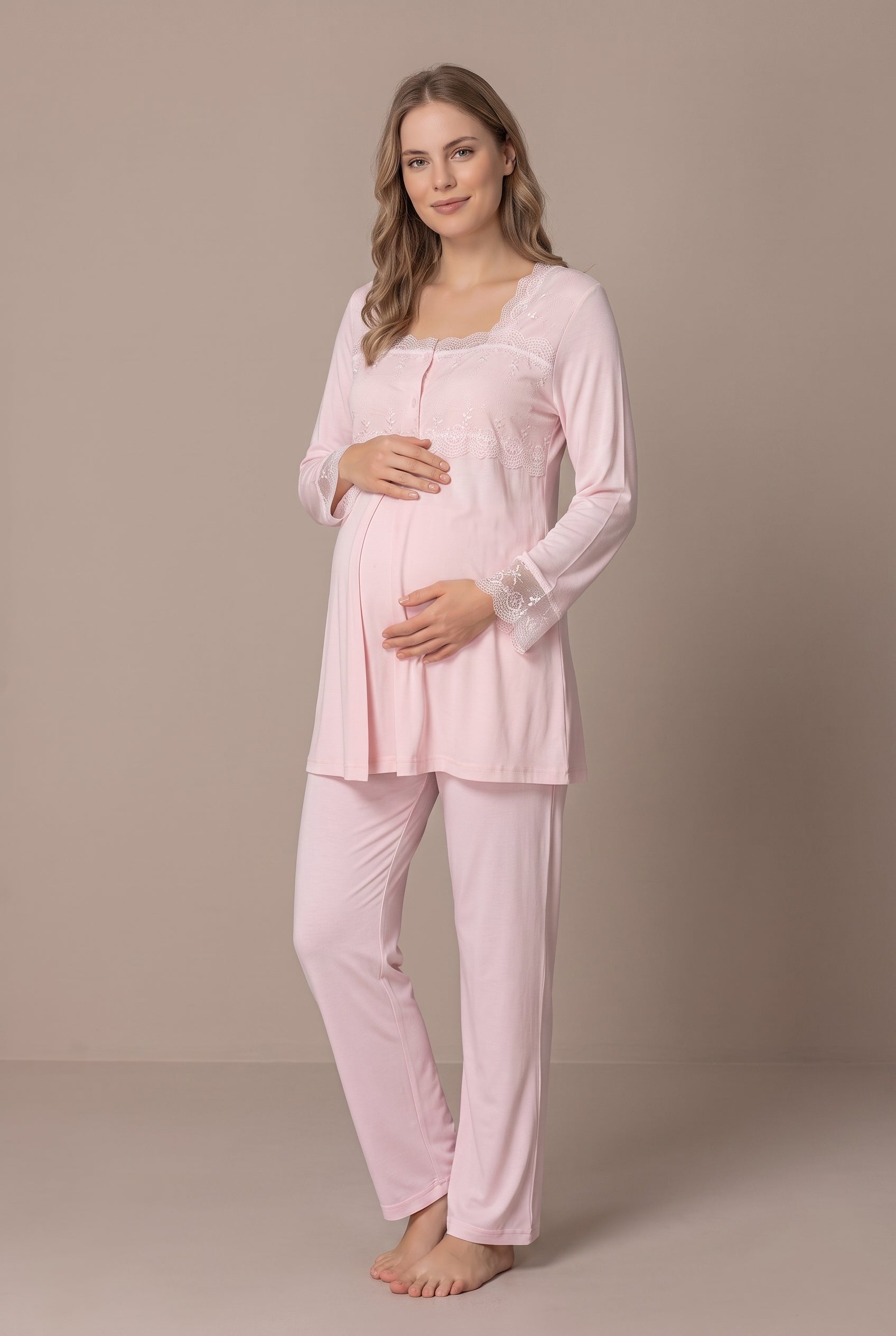 Şık Tasarım Dantel Detaylı Ayarlanabilir Bel Özellikli Pamuklu Lohusa Hamile Sabahlıklı Pijama Takımı 02401