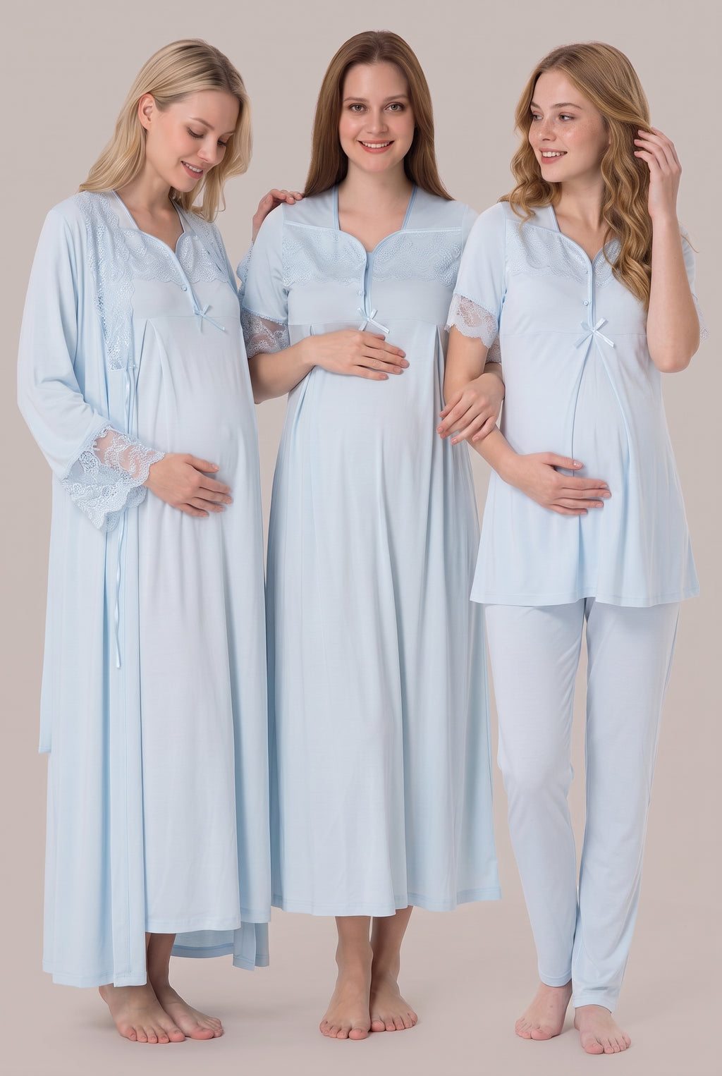 Şık Tasarım Dantelli Ayarlanabilir Bel Özellikli Lohusa Hamile Sabahlık Gecelik Pijama Seti 09016