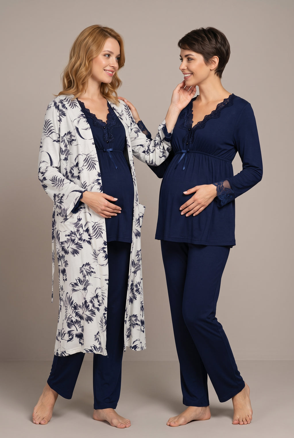 Şık Tasarım Desenli Dantel Detaylı Ayarlanabilir Bel Özellikli Emzirme Kolaylıgı Saglayan Lohusa Hamile Sabahlıklı Pijama Takımı 08094