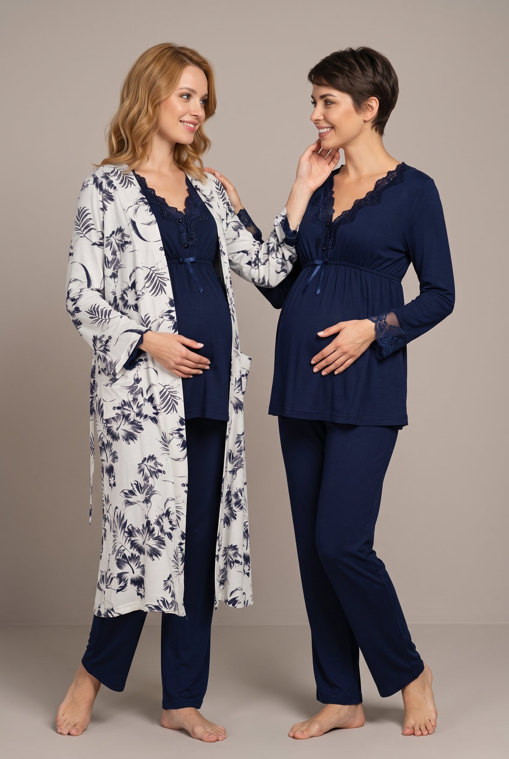 Şık Tasarım Desenli Dantel Detaylı Ayarlanabilir Bel Özellikli Emzirme Kolaylıgı Saglayan Lohusa Hamile Sabahlıklı Pijama Takımı 08094