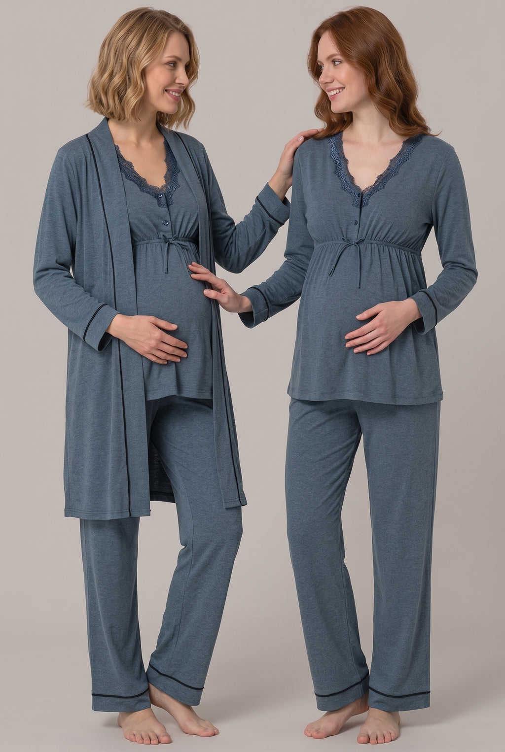 Şık Tasarım Dantel Detaylı Emzirme Kolaylıgı Saglayan Ayarlanabilir Bel Özellikli Pamuklu Lohusa Hamile Sabahlıklı Pijama Takımı 03054