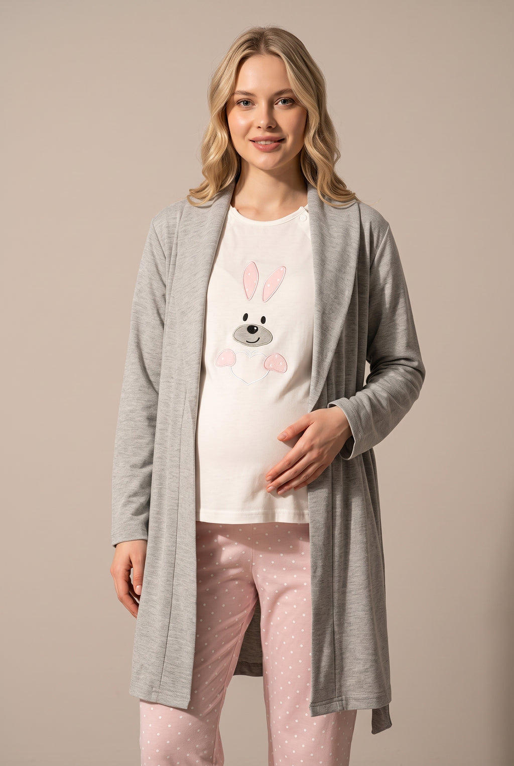 Şık Tasarım Tavşan Desenli Ayarlanabilir Bel Özellikli Pamuklu Lohusa Hamile Sabahlıklı Pijama Seti 02070