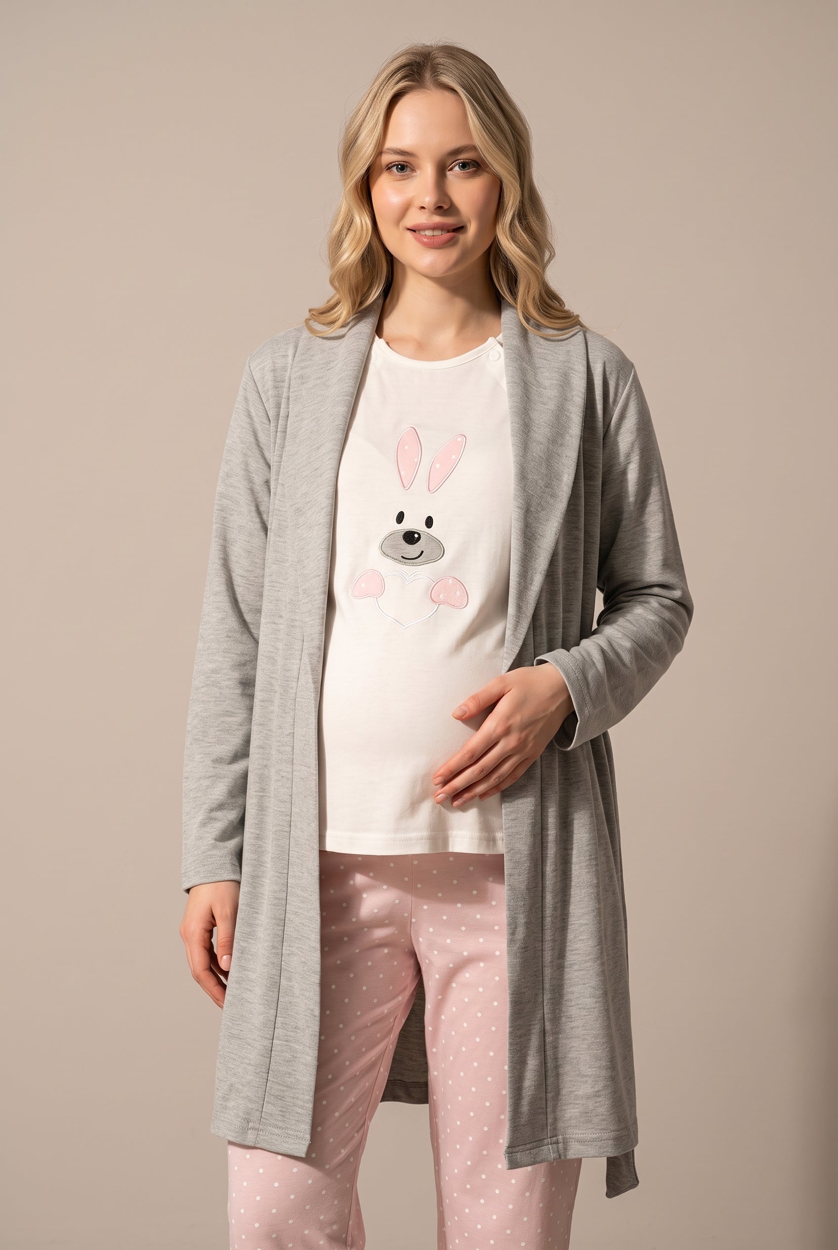 Şık Tasarım Tavşan Desenli Ayarlanabilir Bel Özellikli Pamuklu Lohusa Hamile Sabahlıklı Pijama Seti 02070