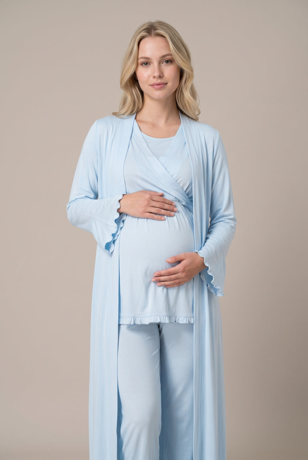 Şık Tasarım Kruvaze Yaka Ayarlanabilir Bel Özellikli Pamuklu Lohusa Hamile Sabahlıklı Pijama Seti 03034