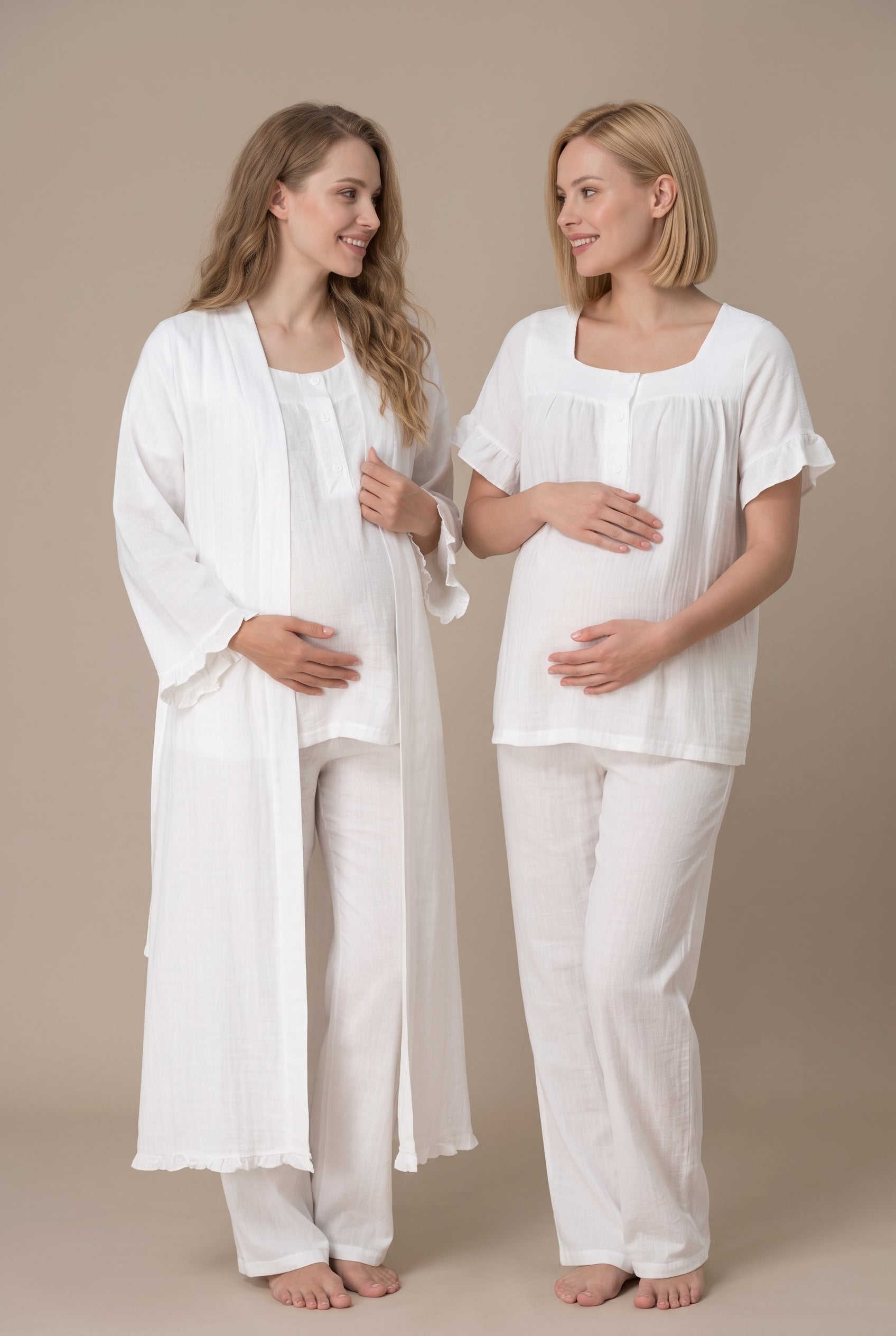 Şık Tasarım Müslin Kumaş Emzirme Kolaylıgı Saglayan  Ayarlanabilir Bel Özellikli Pamuk Lohusa Hamile Sabahlıklı Pijama Takımı 03084