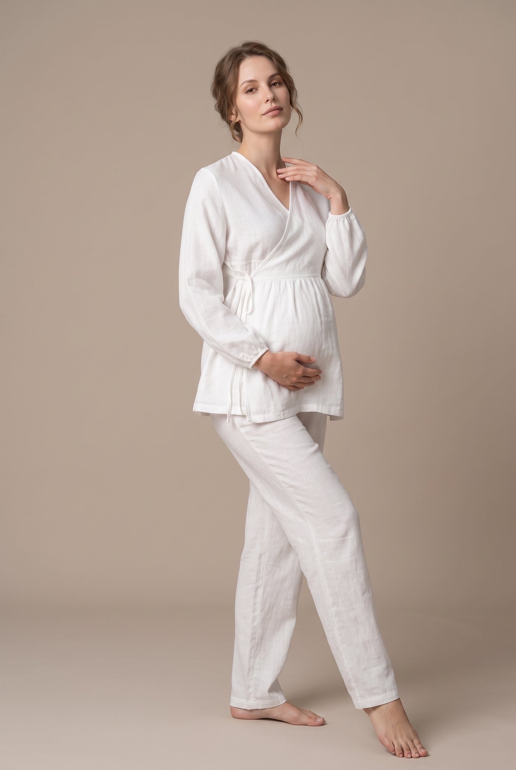 Şık Tasarım Müslin Kumaş Ayarlanabilir Bel Özellikli Emzirme Kolaylıgı Saglayan Pamuk Lohusa Hamile Pijama Takımı 03087