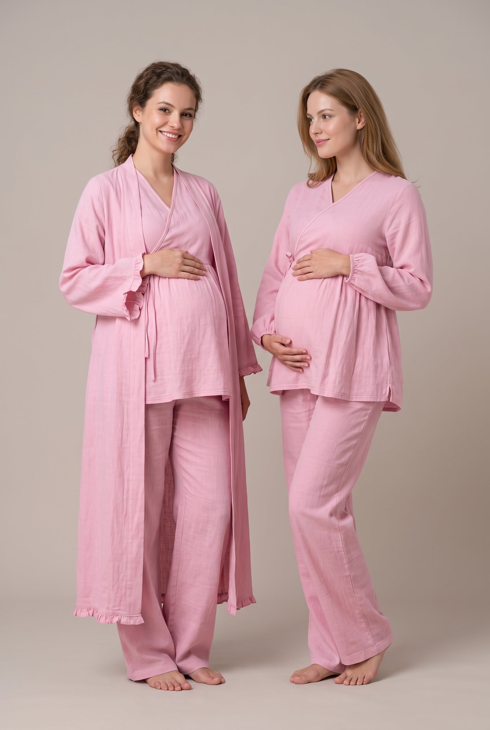 Şık Tasarım Müslin Kumaş Kruvaze Yaka Ayarlanabilir Bel Özellikli Pamuk Lohusa Hamile Sabahlıklı Pijama Takımı 3088