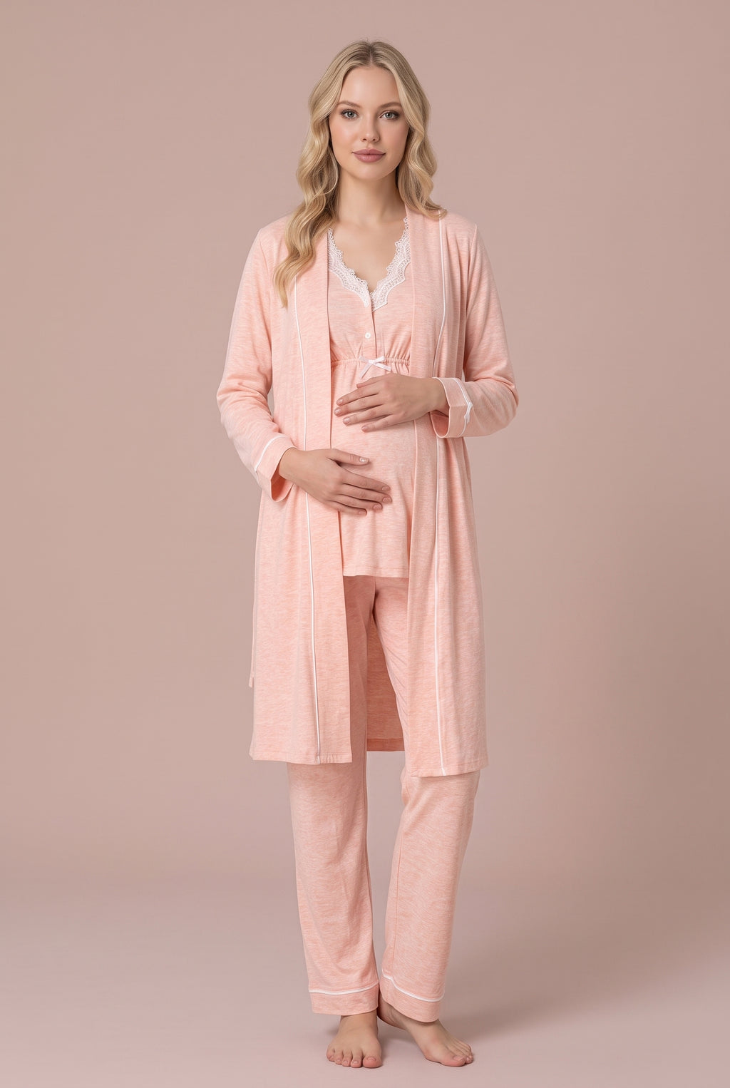 Şık Tasarım Dantel Detaylı Emzirme Kolaylıgı Saglayan Ayarlanabilir Bel Özellikli Pamuklu Lohusa Hamile Sabahlıklı Pijama Takımı 03054