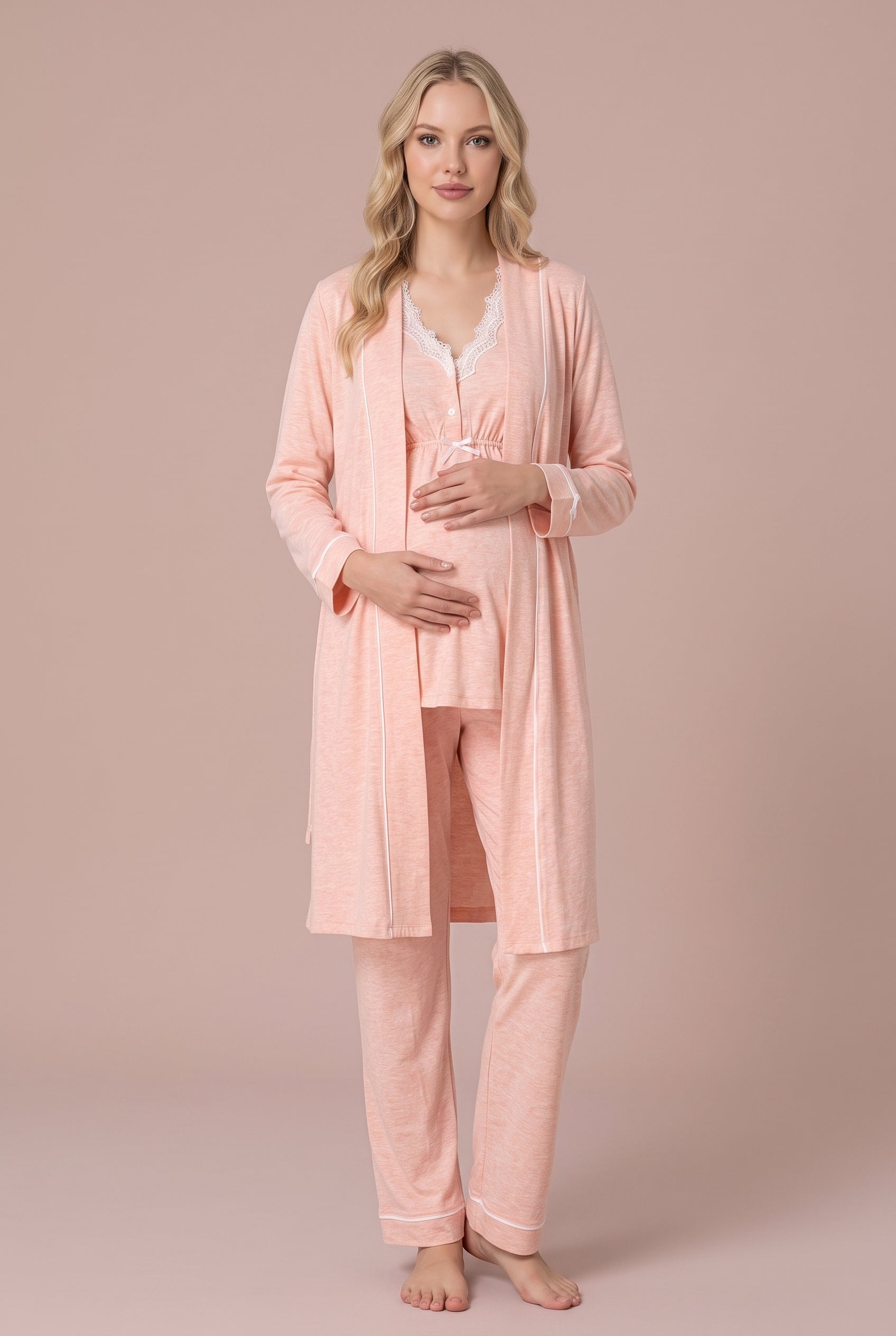 Şık Tasarım Dantel Detaylı Emzirme Kolaylıgı Saglayan Ayarlanabilir Bel Özellikli Pamuklu Lohusa Hamile Sabahlıklı Pijama Takımı 03054