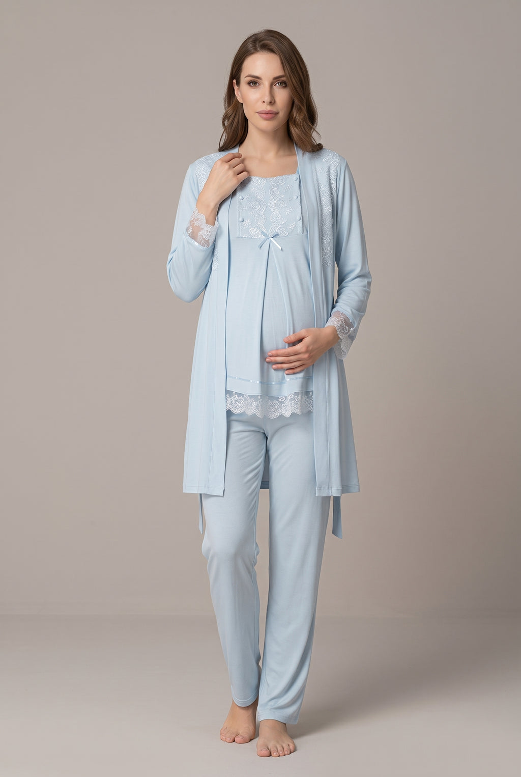 Şık Tasarım Dantel Detaylı Emzirme Kolaylıgı Saglayan Ayarlanabilir Bel Özellikli Pamuklu Lohusa Hamile Sabahlıklı Pijama Takımı 03044