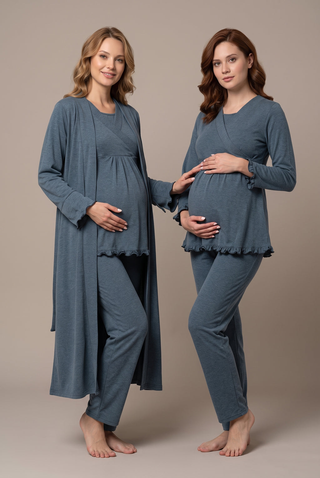Şık Tasarım Kruvaze Yaka Emzirme Kolaylıgı Saglayan Ayarlanabilir Bel Özellikli Pamuklu Lohusa Hamile Sabahlıklı Pijama Takımı 04044