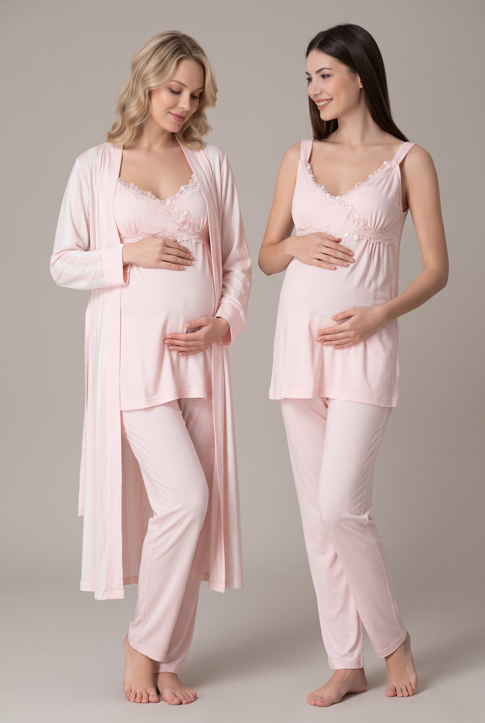 Şık Tasarım Askılı Ayarlanabilir Askı Ve Bel Özellikli Pamuklu Lohusa Hamile Sabahlıklı Pijama Takımı 09034