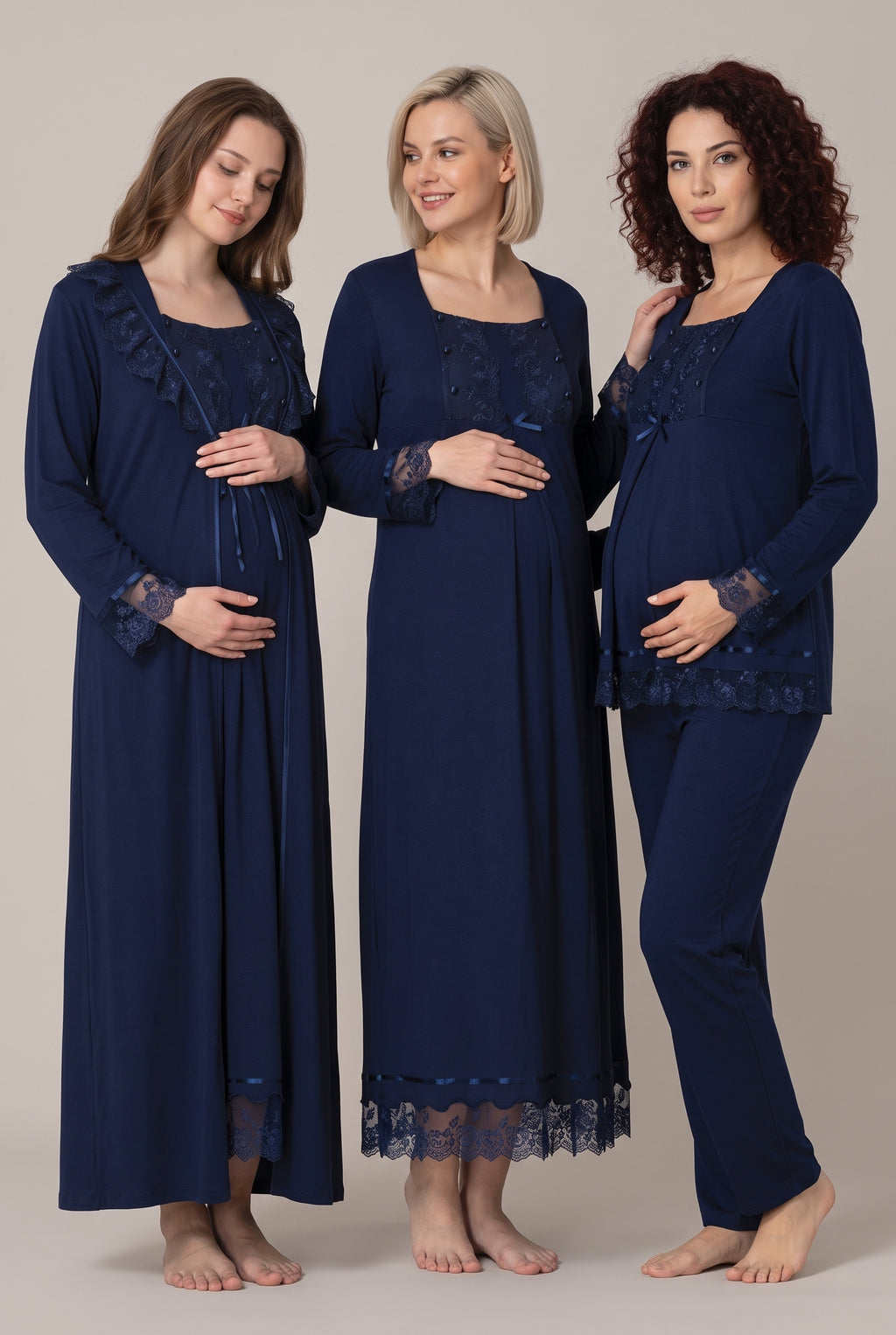 Şık Tasarım Dantel Detaylı Emzirme Kolaylıgı Saglayan Ayarlanabilir Bel Özellikli Pamuklu Lohusa Hamile Sabahlıklı Gecelik Pijama Seti 03046