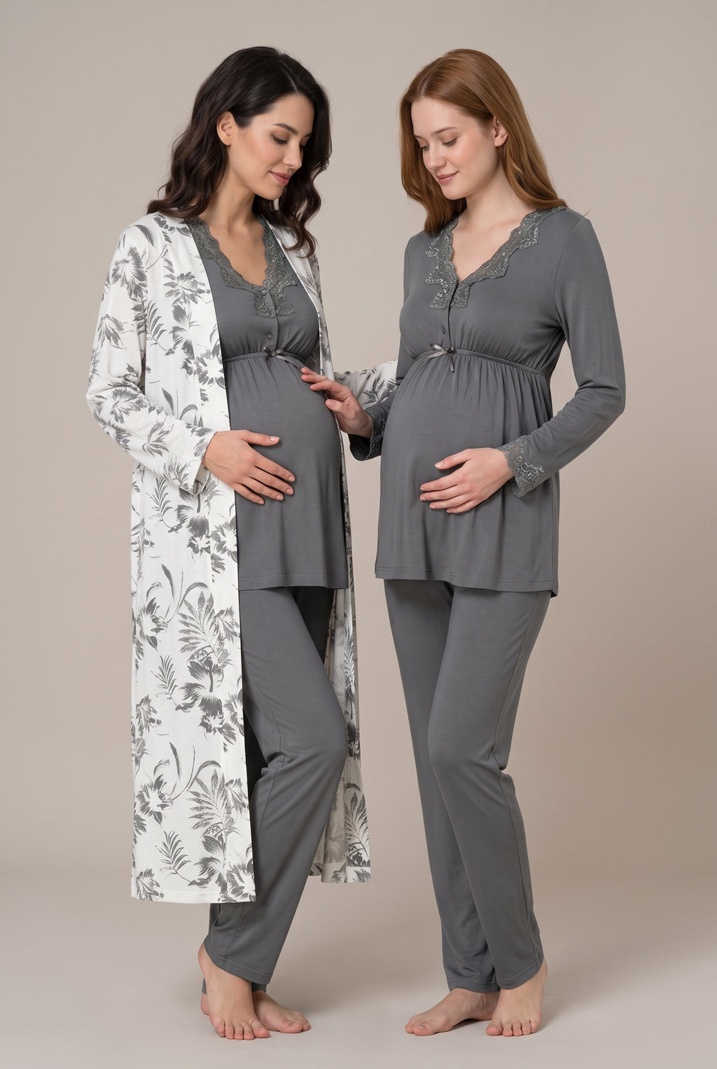 Şık Tasarım Desenli Dantel Detaylı Ayarlanabilir Bel Özellikli Emzirme Kolaylıgı Saglayan Lohusa Hamile Sabahlıklı Pijama Takımı 08094