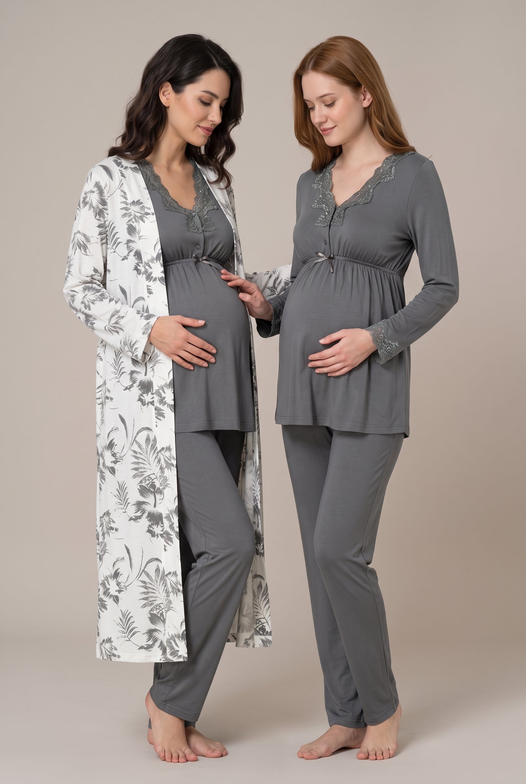 Şık Tasarım Desenli Dantel Detaylı Ayarlanabilir Bel Özellikli Emzirme Kolaylıgı Saglayan Lohusa Hamile Sabahlıklı Pijama Takımı 08094