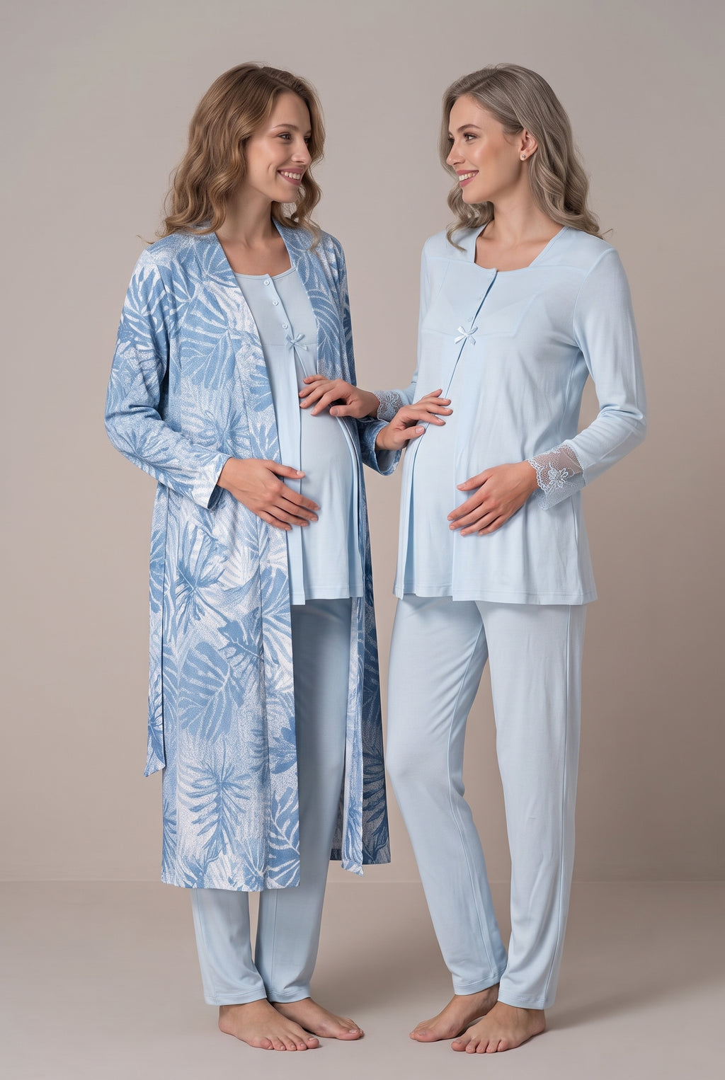 Şık Tasarım Desenli Dantel Detaylı Emzirme Kolaylıgı Saglayan Ayarlanabilir Bel Özellikli Pamuklu Lohusa Hamile Sabahlıklı Pijama Takımı 09044
