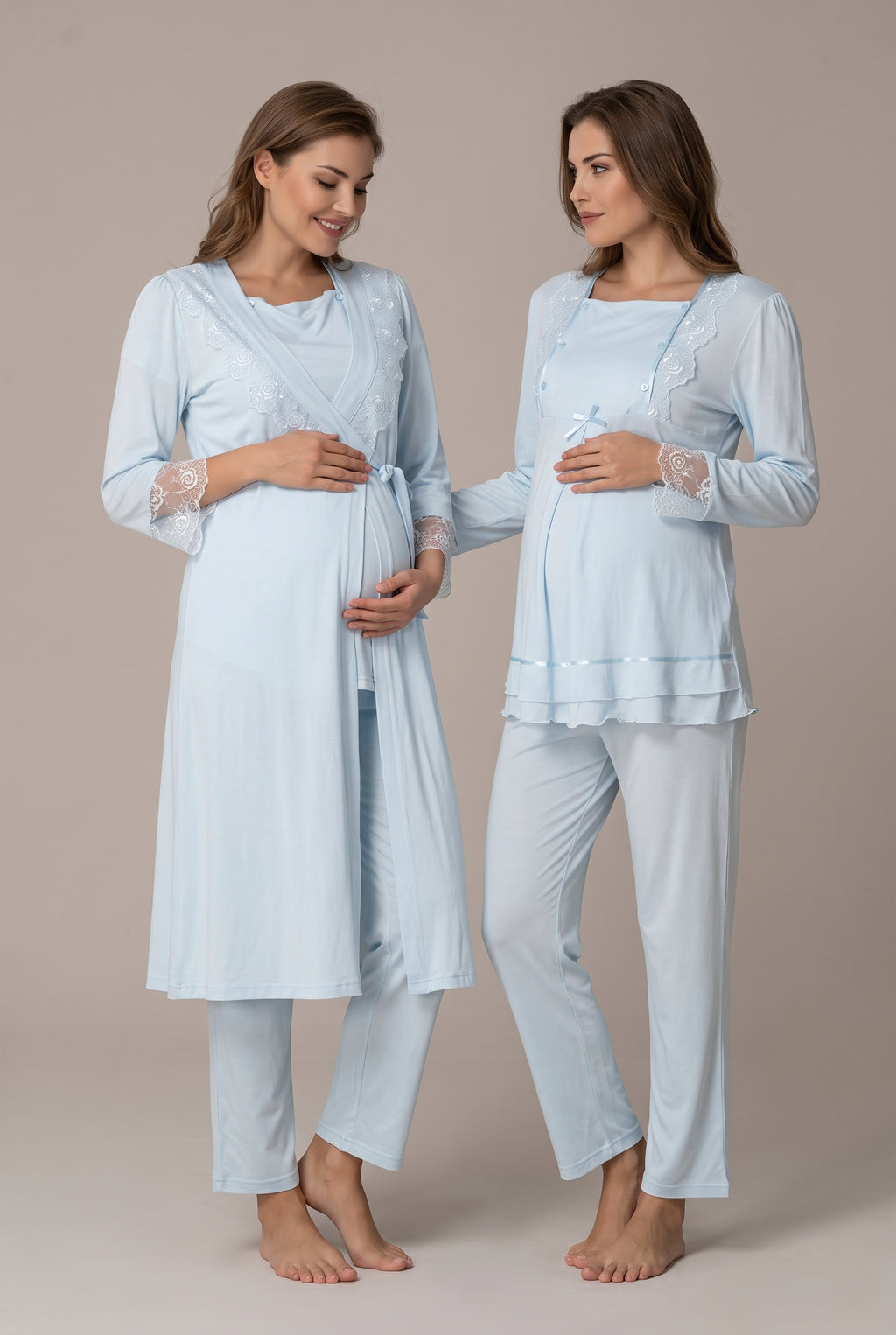 Şık Tasarım Dantel Detaylı Emzirme Kolaylıgı Saglayan Ayarlanabilir Bel Özellikli Pamuklu Lohusa Hamile Sabahlıklı Pijama Takımı 02018