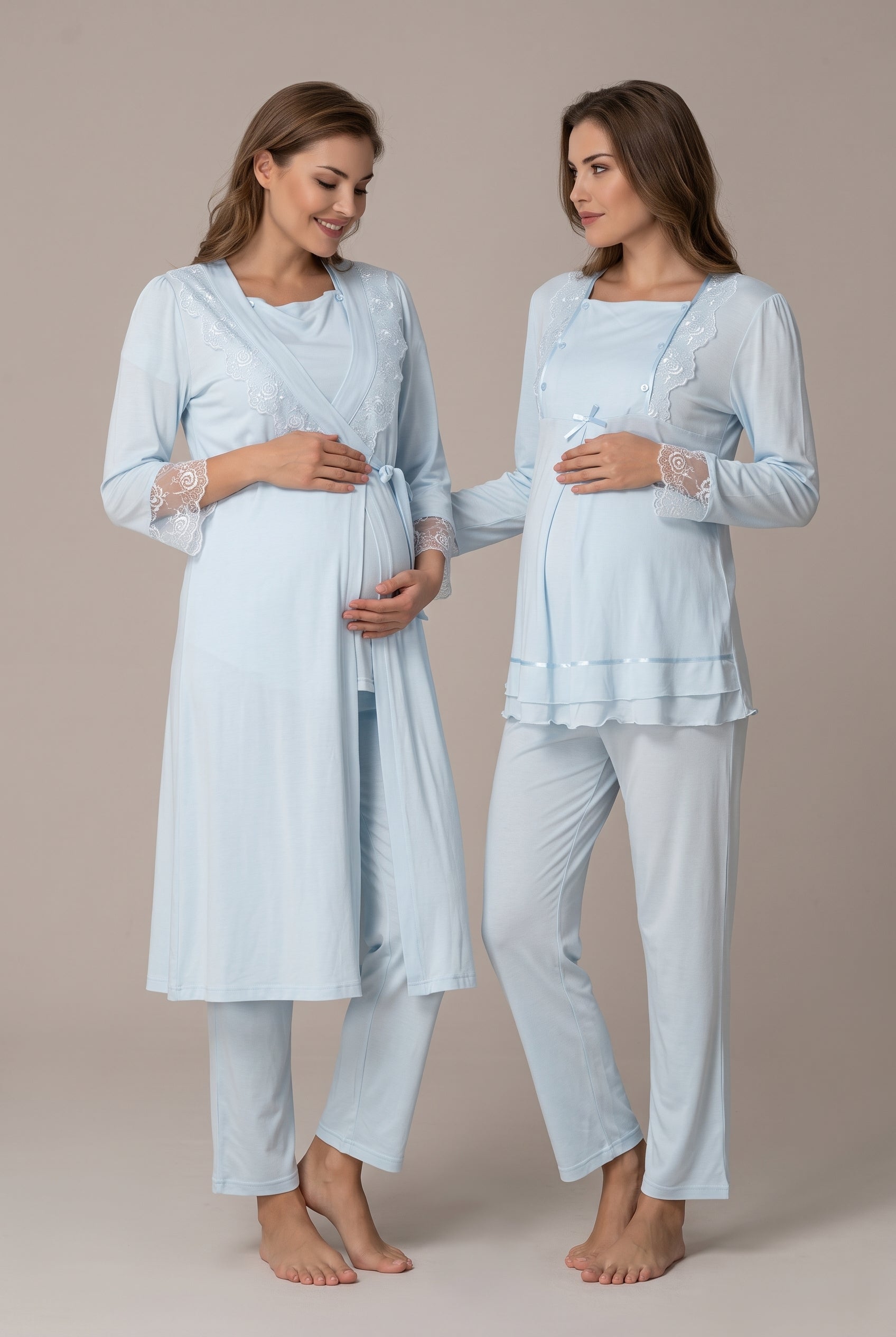 Şık Tasarım Dantel Detaylı Emzirme Kolaylıgı Saglayan Ayarlanabilir Bel Özellikli Pamuklu Lohusa Hamile Sabahlıklı Pijama Takımı 02018