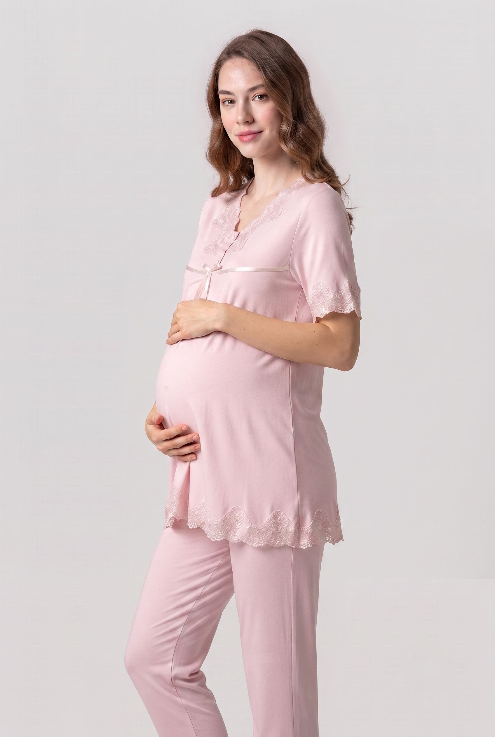Şık Tasarım Dantelli Ayarlanabilir Bel Özellikli Emzirme Kolaylıgı Saglayan Pamuklu Lohusa Hamile Pijama Takımı 05032