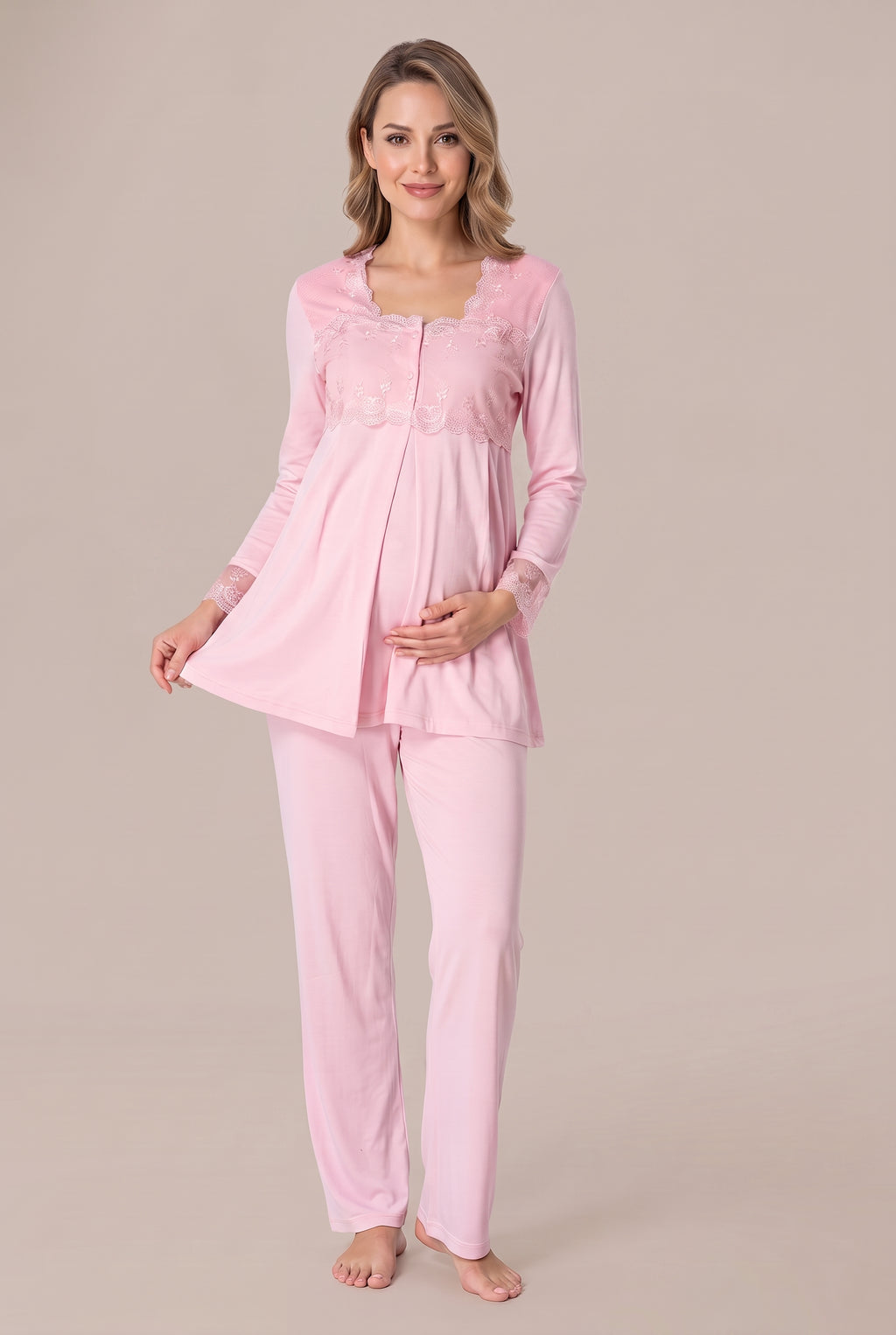 Şık Tasarım Dantel Detaylı Emzirme Kolaylıgı Saglayan Ayarlanabilir Bel Özellikli Pamuklu Pijama Takımı 02403