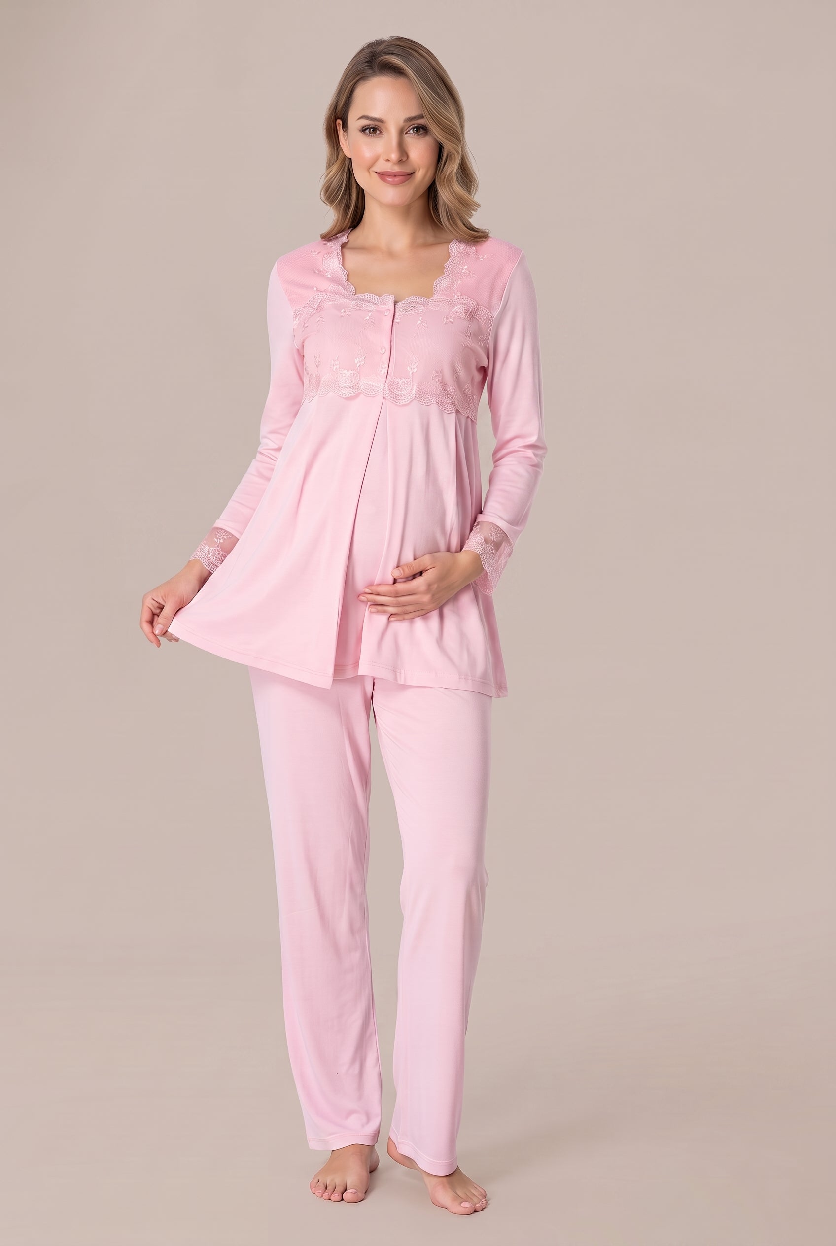 Şık Tasarım Dantel Detaylı Emzirme Kolaylıgı Saglayan Ayarlanabilir Bel Özellikli Pamuklu Pijama Takımı 02403