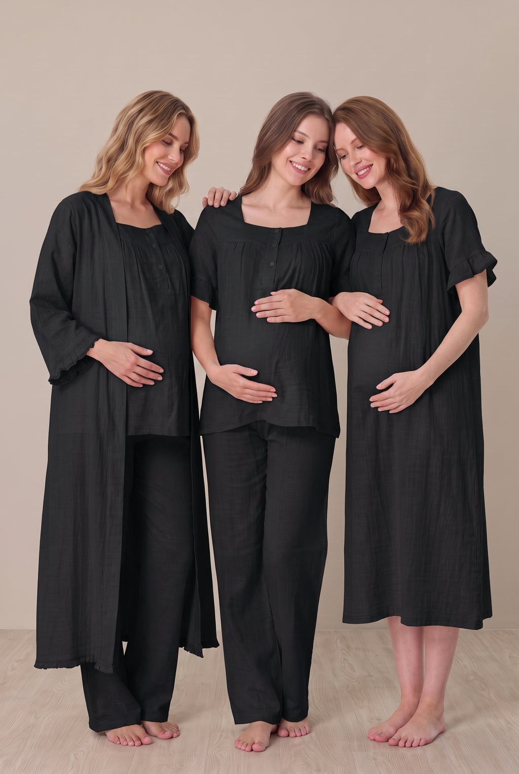 Şık Tasarım Müslin Kumaş Emzirme Kolaylıgı Saglayan Ayarlanabilir Bel Özellikli Pamuklu Lohusa Hamile Sabahlıklı Gecelik Pijama Seti 03086