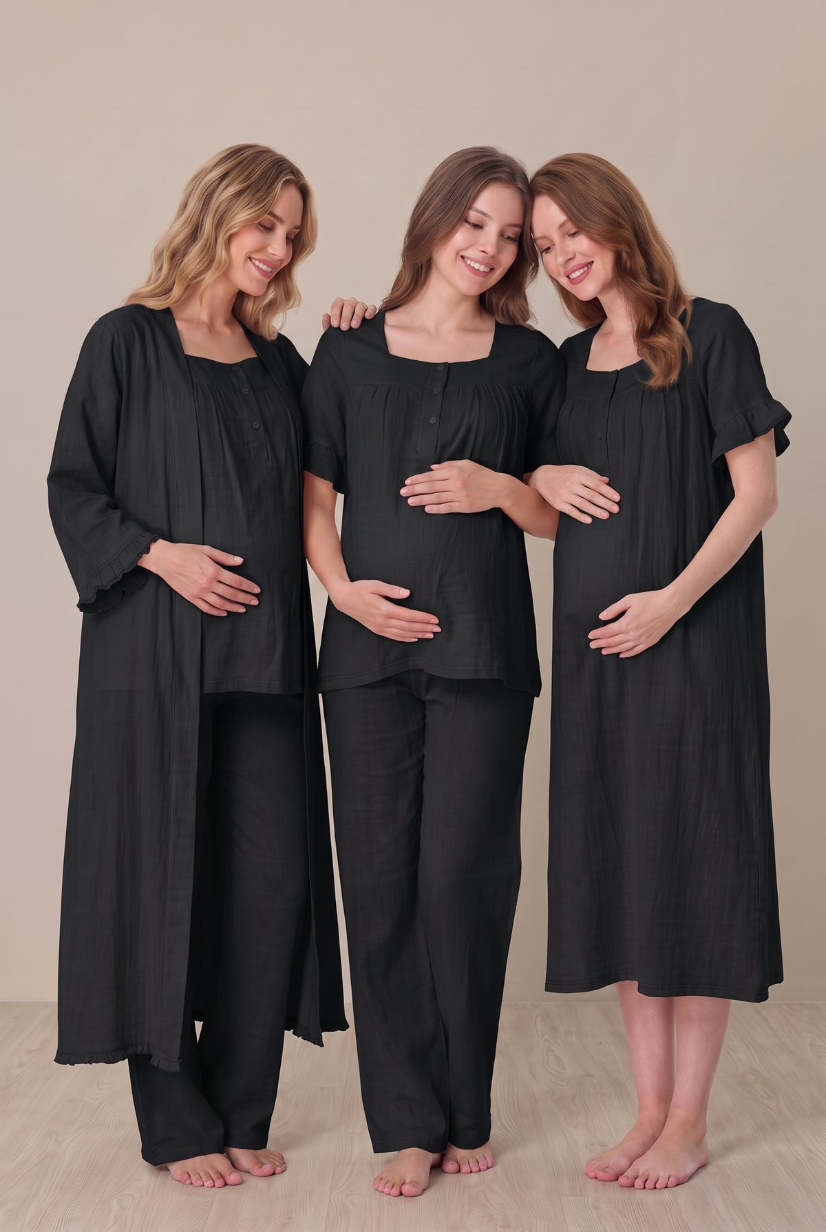 Şık Tasarım Müslin Kumaş Emzirme Kolaylıgı Saglayan Ayarlanabilir Bel Özellikli Pamuklu Lohusa Hamile Sabahlıklı Gecelik Pijama Seti 03086