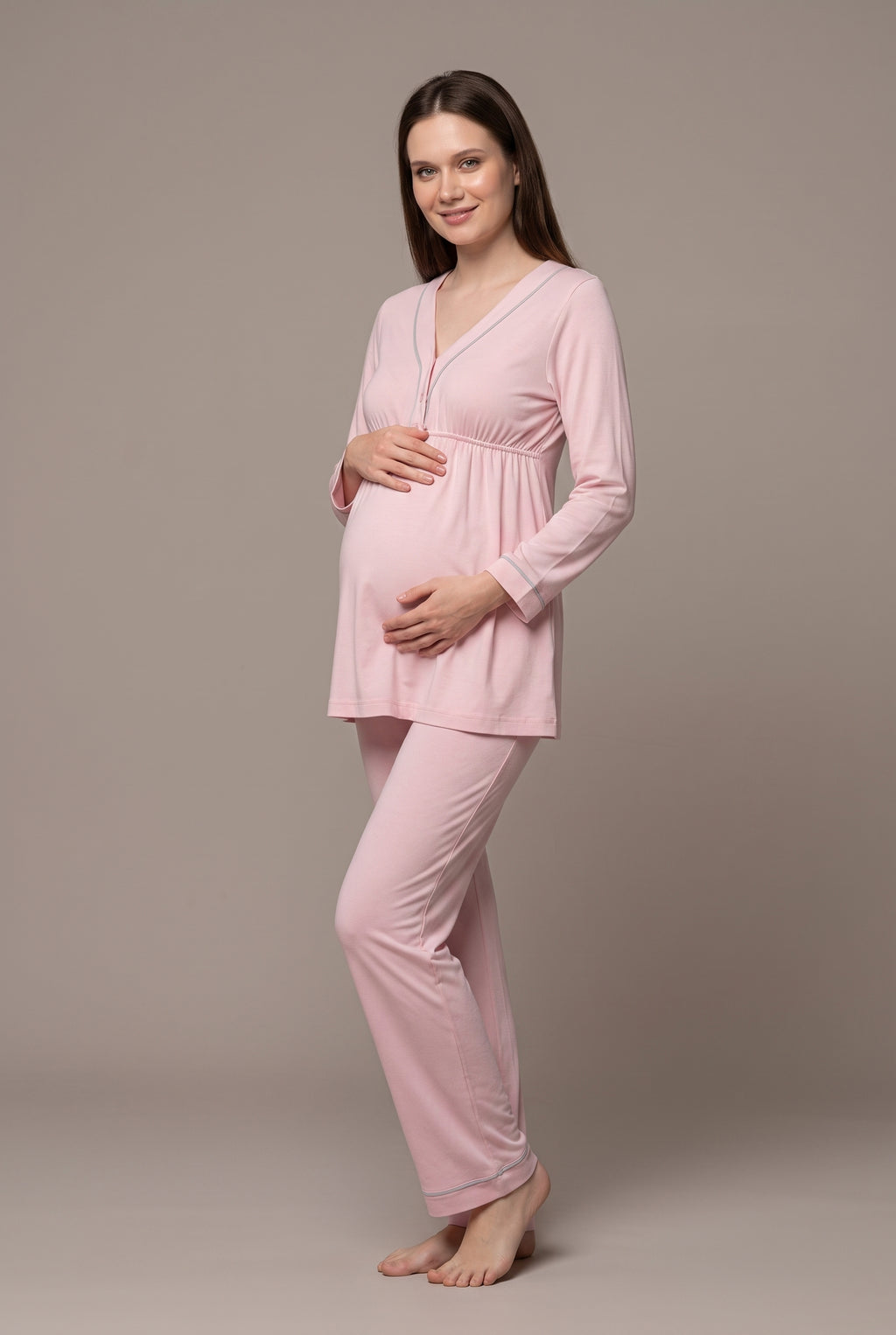 Şık Tasarım Uzun Sabahlıklı Emzirme Kolaylıgı Saglayan Ayarlanabilir Bel Özellikli Pamuklu Sabahlıklı Pijama Takımı 04054