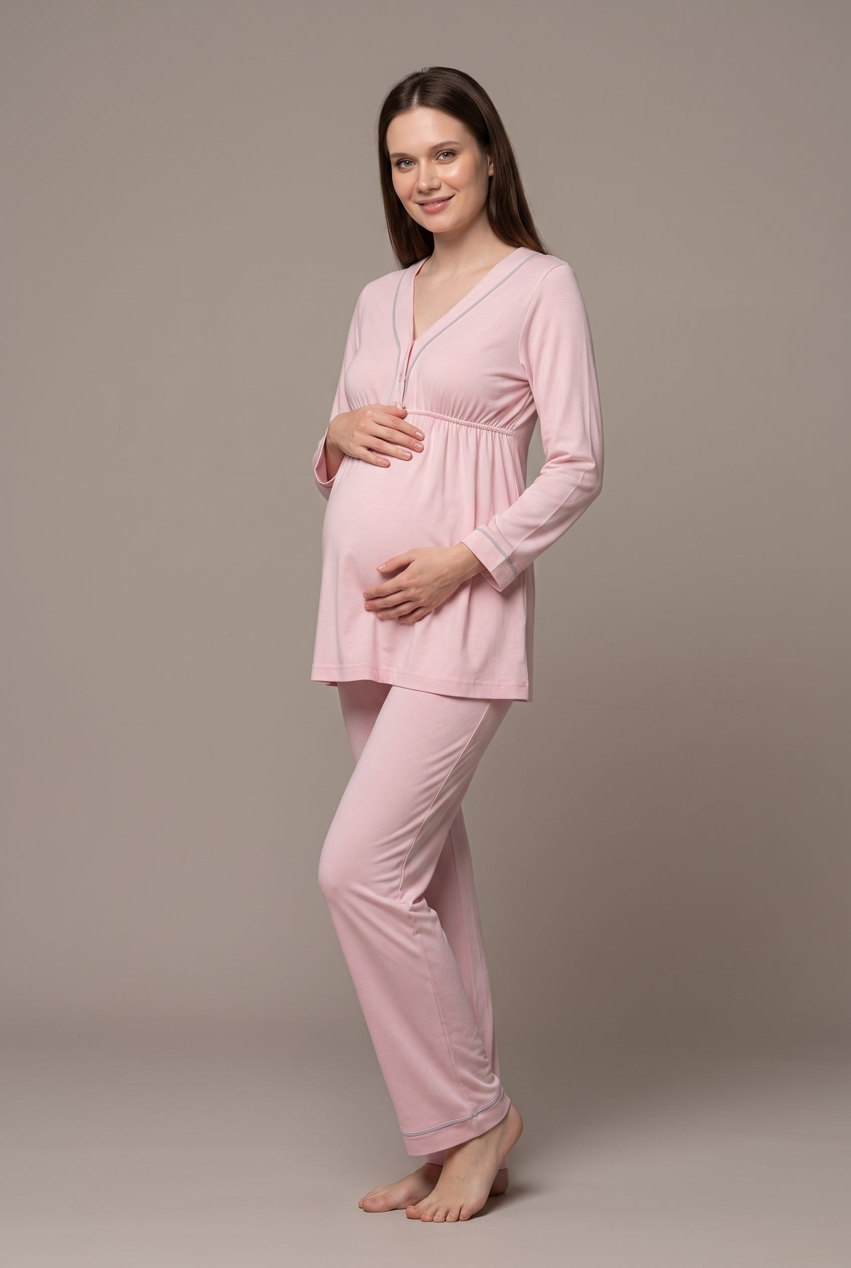 Şık Tasarım Uzun Sabahlıklı Emzirme Kolaylıgı Saglayan Ayarlanabilir Bel Özellikli Pamuklu Sabahlıklı Pijama Takımı 04054