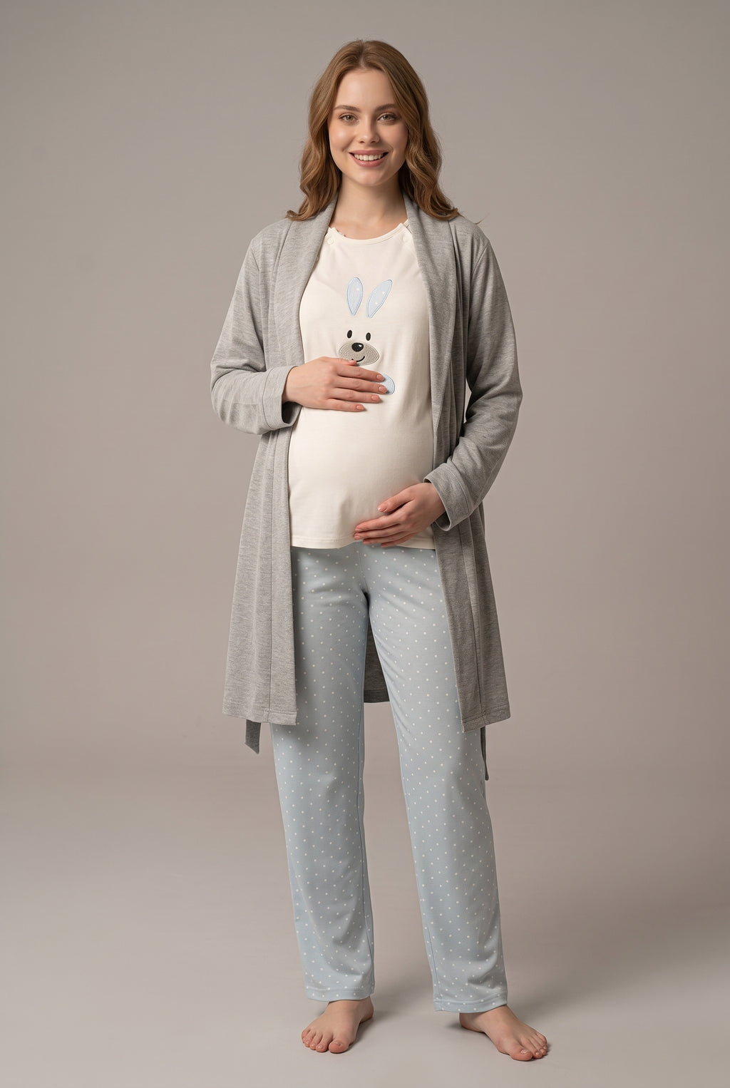 Şık Tasarım Tavşan Desenli Ayarlanabilir Bel Özellikli Pamuklu Lohusa Hamile Sabahlıklı Pijama Seti 02070