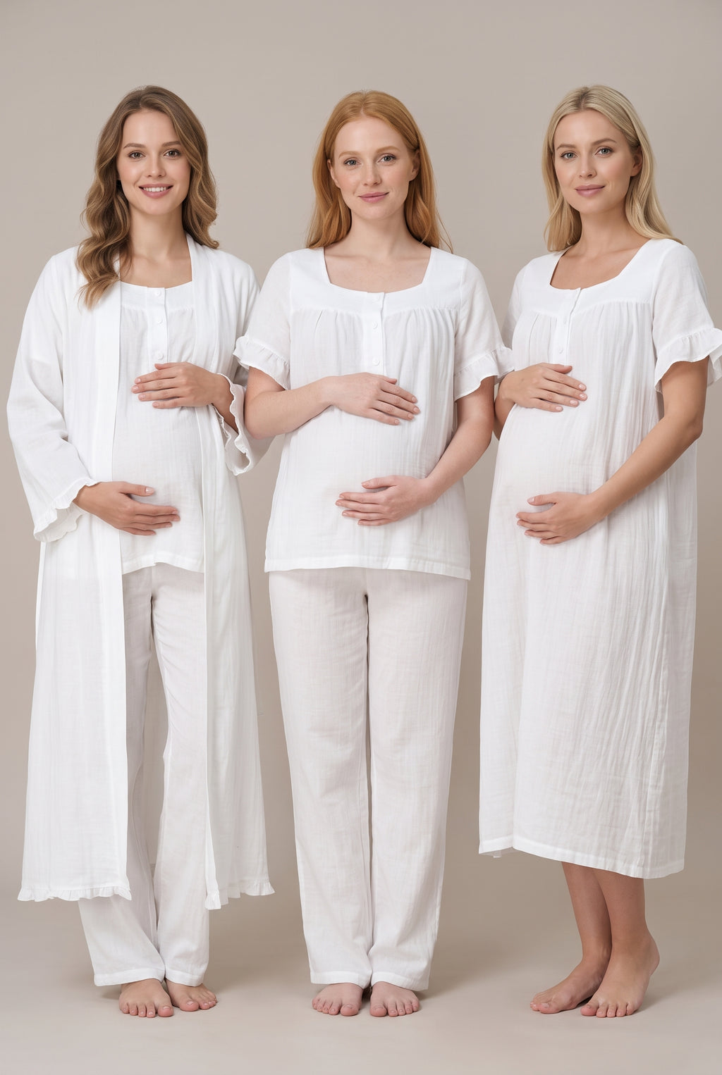 Şık Tasarım Müslin Kumaş Emzirme Kolaylıgı Saglayan Ayarlanabilir Bel Özellikli Pamuklu Lohusa Hamile Sabahlıklı Gecelik Pijama Seti 03086