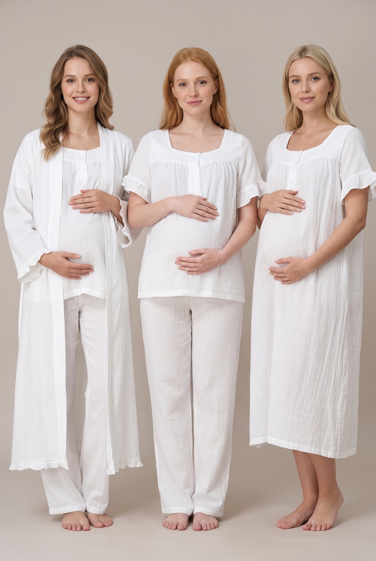 Şık Tasarım Müslin Kumaş Emzirme Kolaylıgı Saglayan Ayarlanabilir Bel Özellikli Pamuklu Lohusa Hamile Sabahlıklı Gecelik Pijama Seti 03086