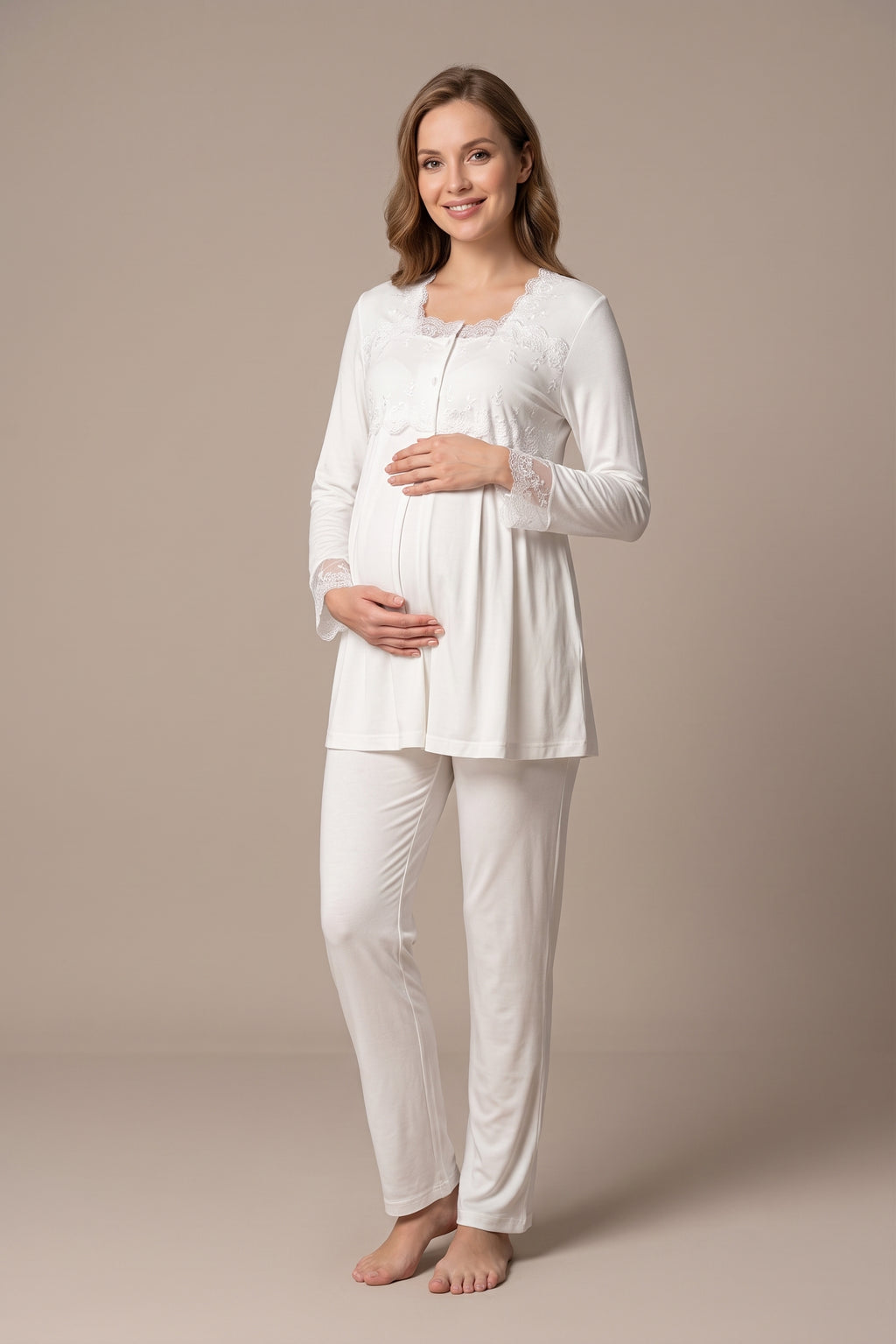 Şık Tasarım Dantel Detaylı Emzirme Kolaylıgı Saglayan Ayarlanabilir Bel Özellikli Pamuklu Pijama Takımı 02403